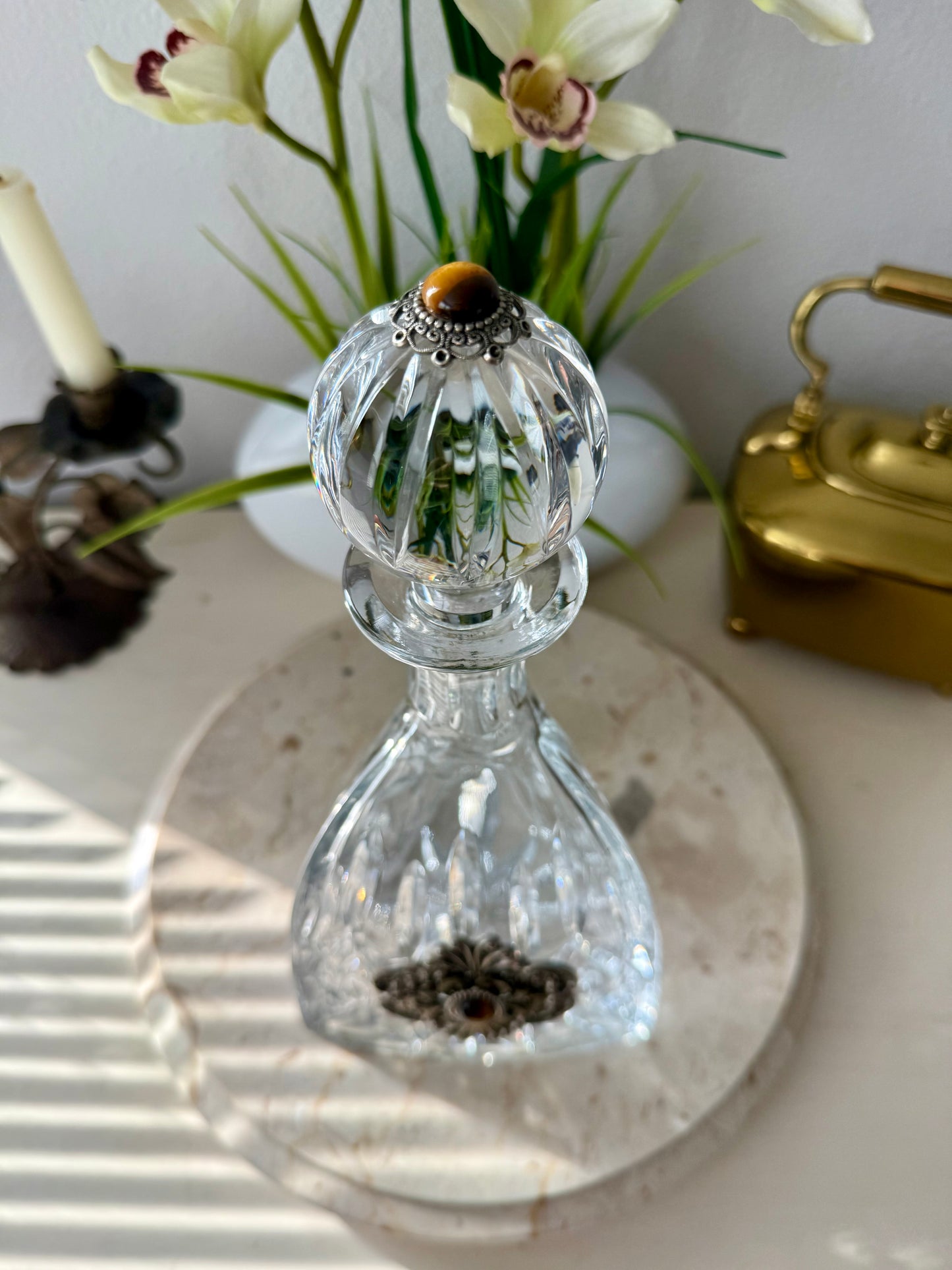 Ann Cichon Dallas Vintage Crystal Decanter with Stopper and Silver Tone Metal Jewels and Stones