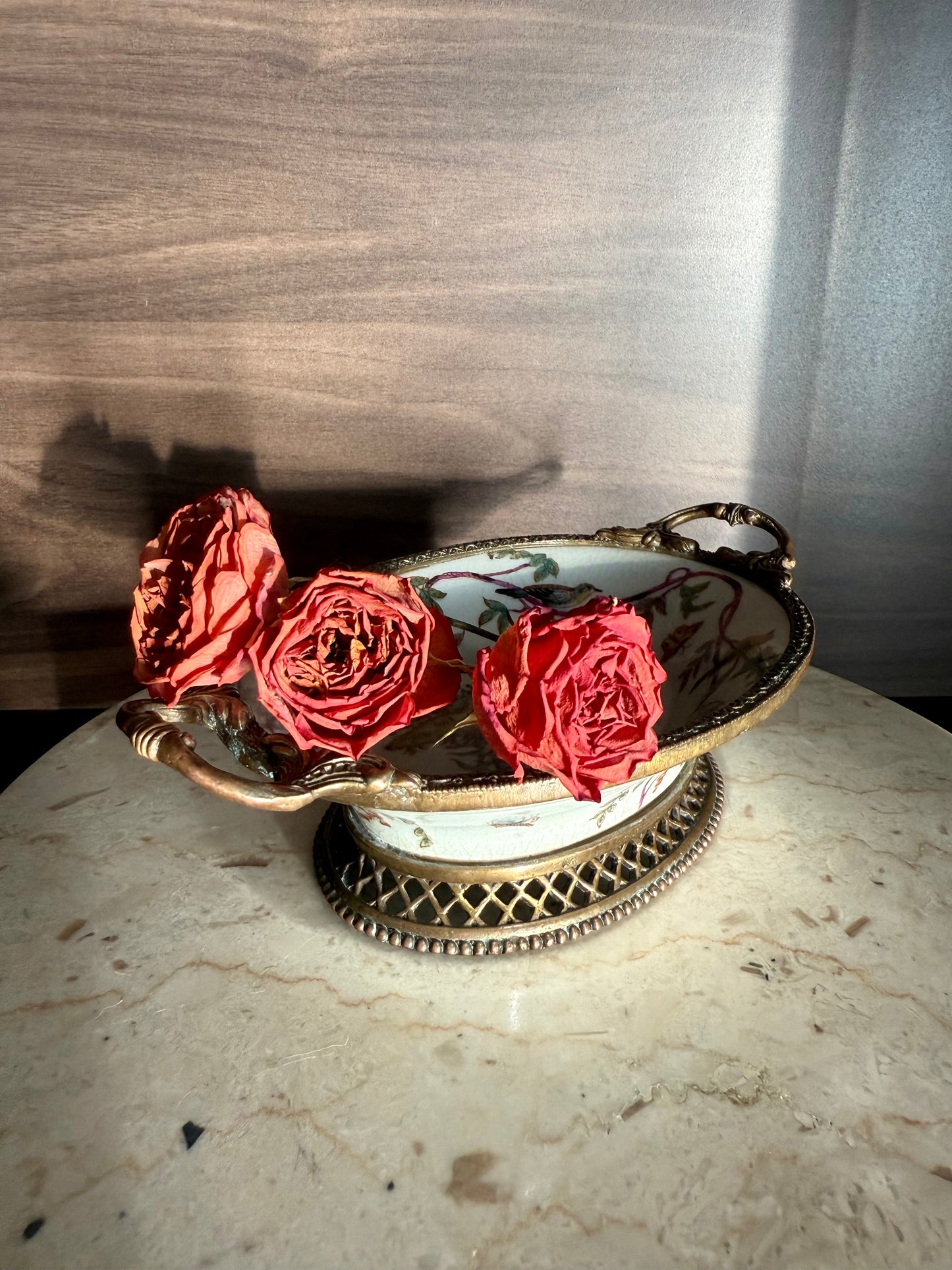 Beautiful Vintage Oval Soap Dish with Brass Feet and Handles with Floral and Bird Motif