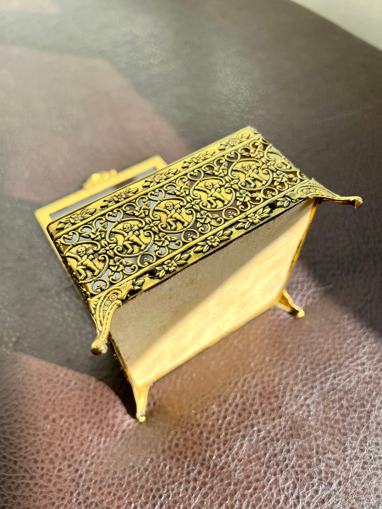 Gold Plated Filigree Ormolu Vintage Jewelry Box Square Footed with Velvet Lining Hinged Lid, Hollywood Regency StyleBuilt Style