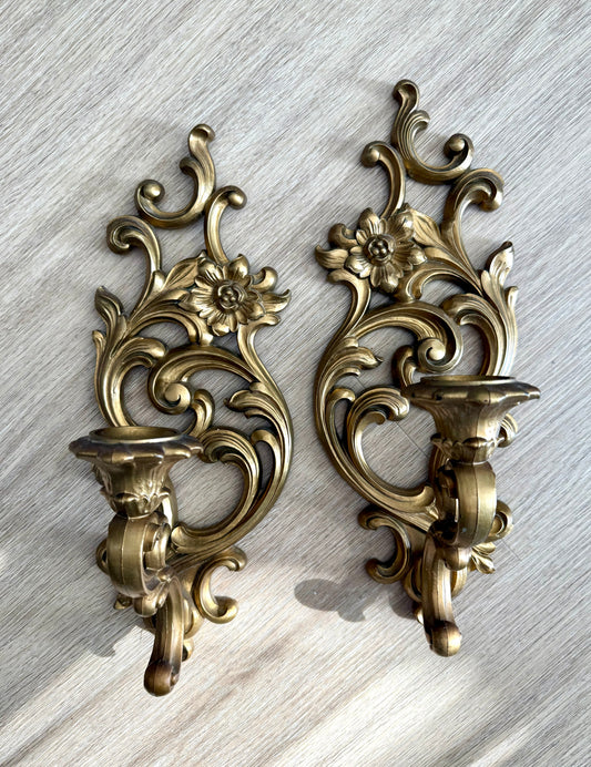 Syroco Vintage Gold Ornate Wall Sconce, Candle Holder, Hollywood Regency Style (2 pieces)