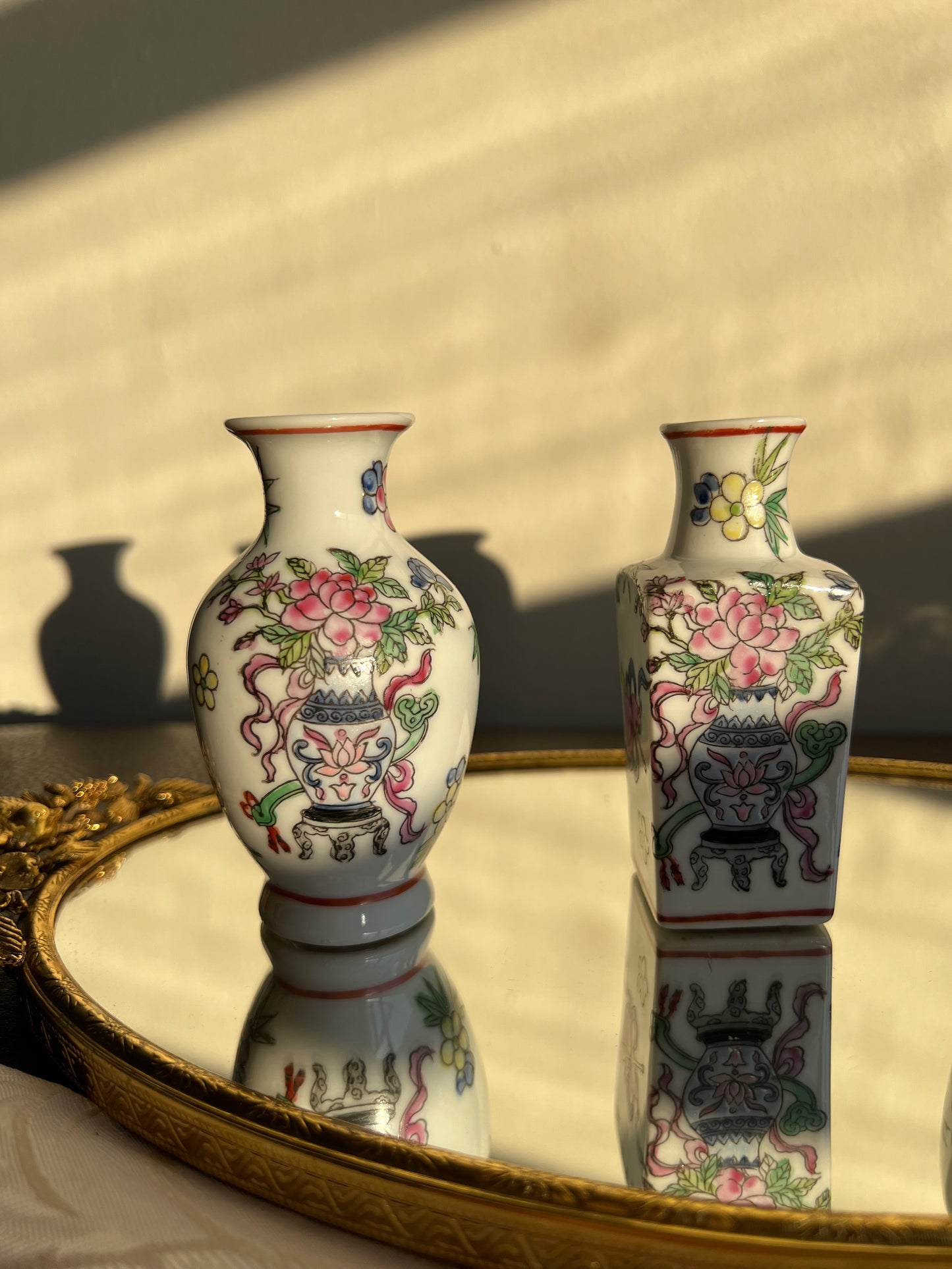 Hand Painted Vintage Vase Bone China Square with Flowers