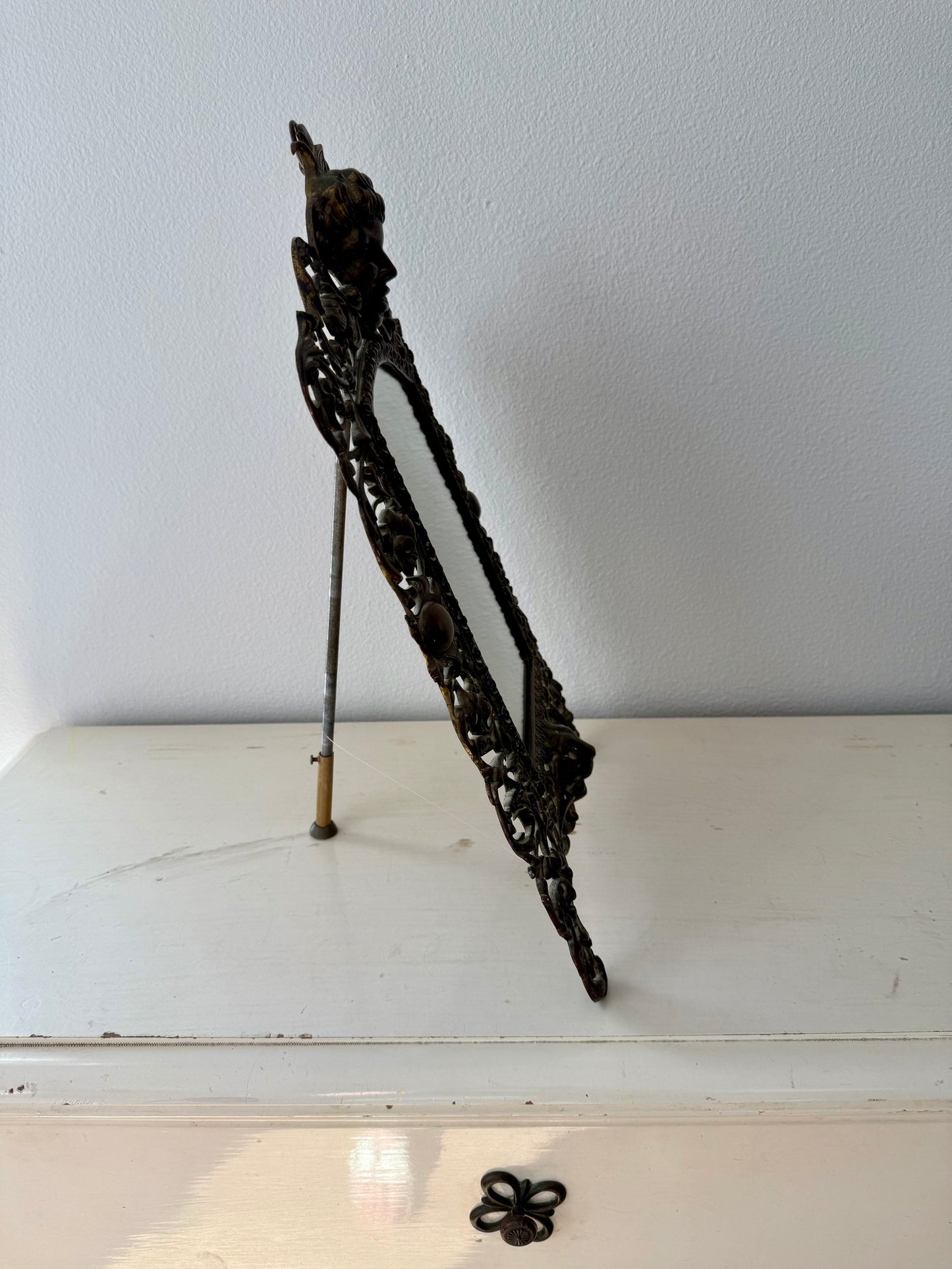 Antique Gilded Cast Iron Cherub and Lion Heads, Victorian French Style Ornate Vanity Table Mirror from Late 19th Century