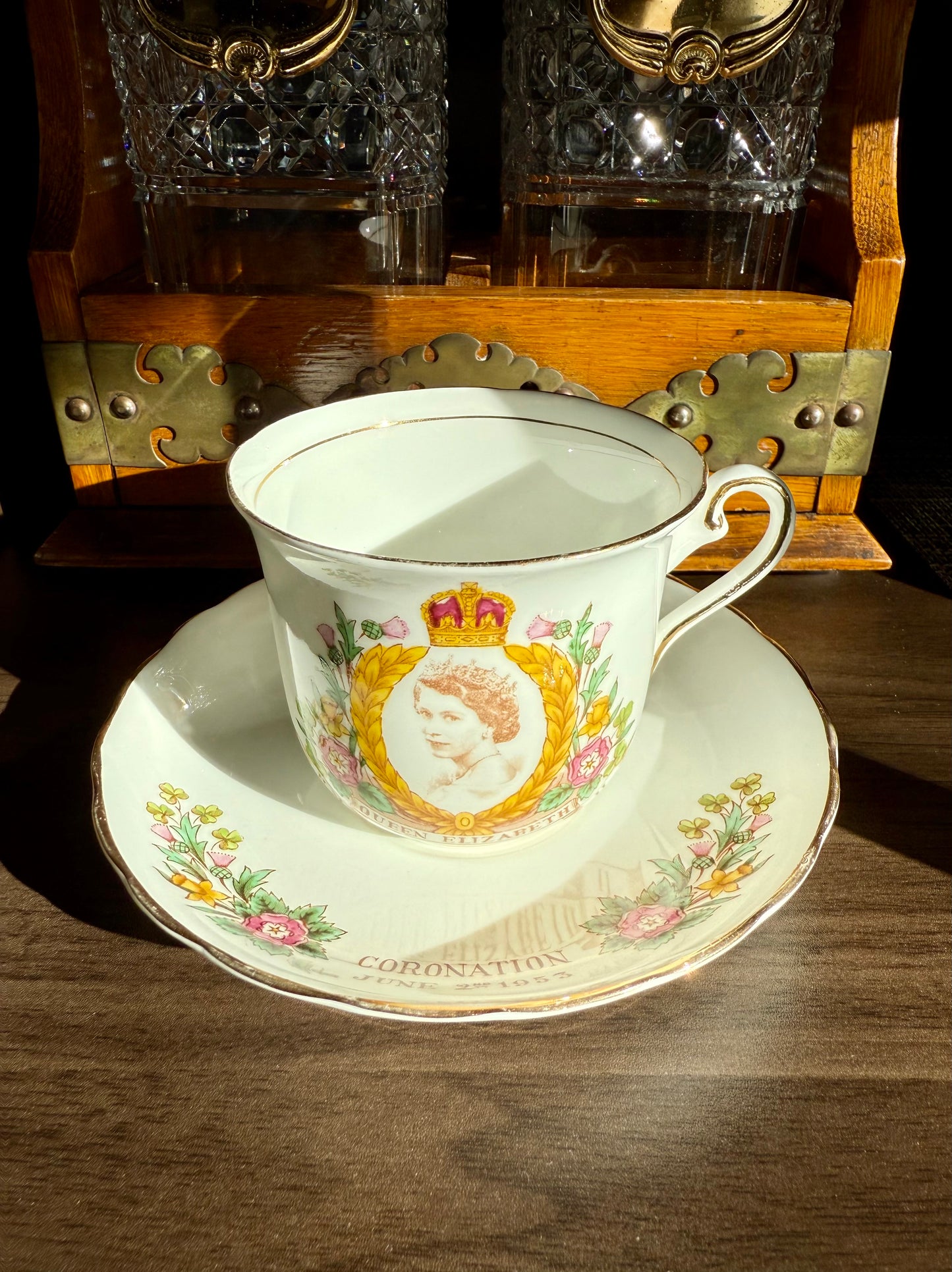 Coronation 1953 H.M. Queen Elizabeth Vintage Tuscan Bone China Roses Tea cup and Saucer, Numbered