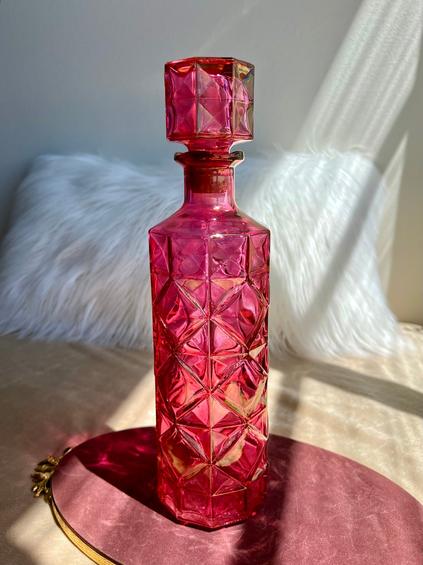 Vintage Pink Diamond Pressed Glass Liquor Bottle Decanter With Stopper