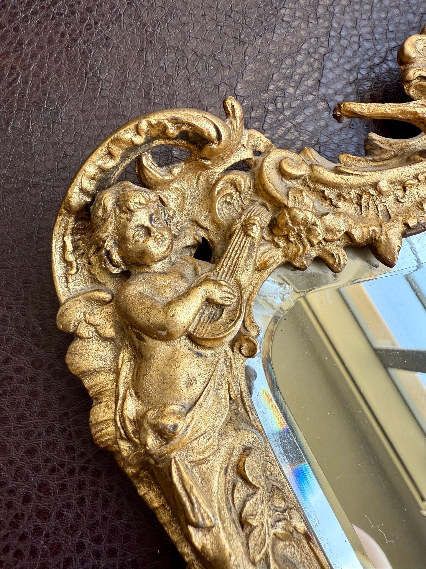 Antique Italian Rococo-Style Table Mirror with Gilded Frame, Featuring Putti (cherubs) Decor and Floral Painting