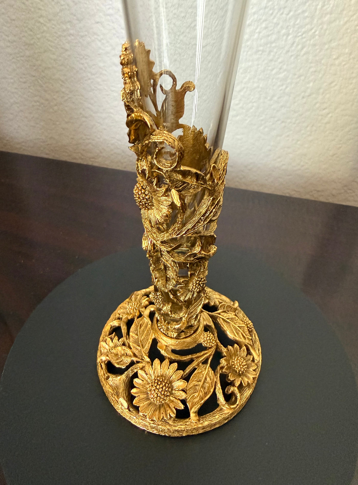 24k Vintage Matson Gold-plated Sunflower Brass Filigree Ormolu with Removable Glass Vase