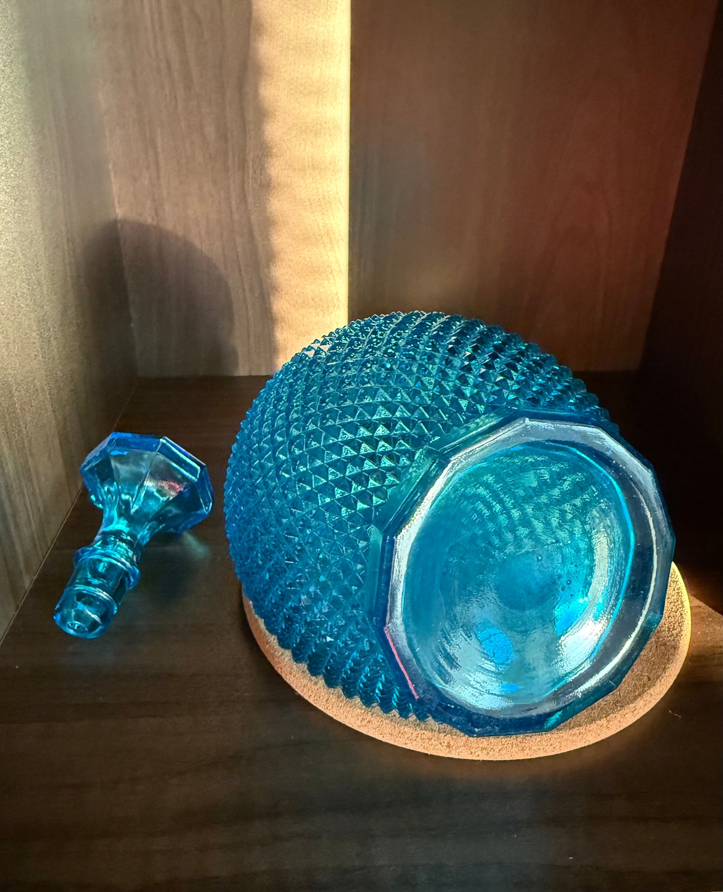 Mid-Century Italian Vintage Empoli-Style Blue Diamond Cut Glass Decanter Bottle