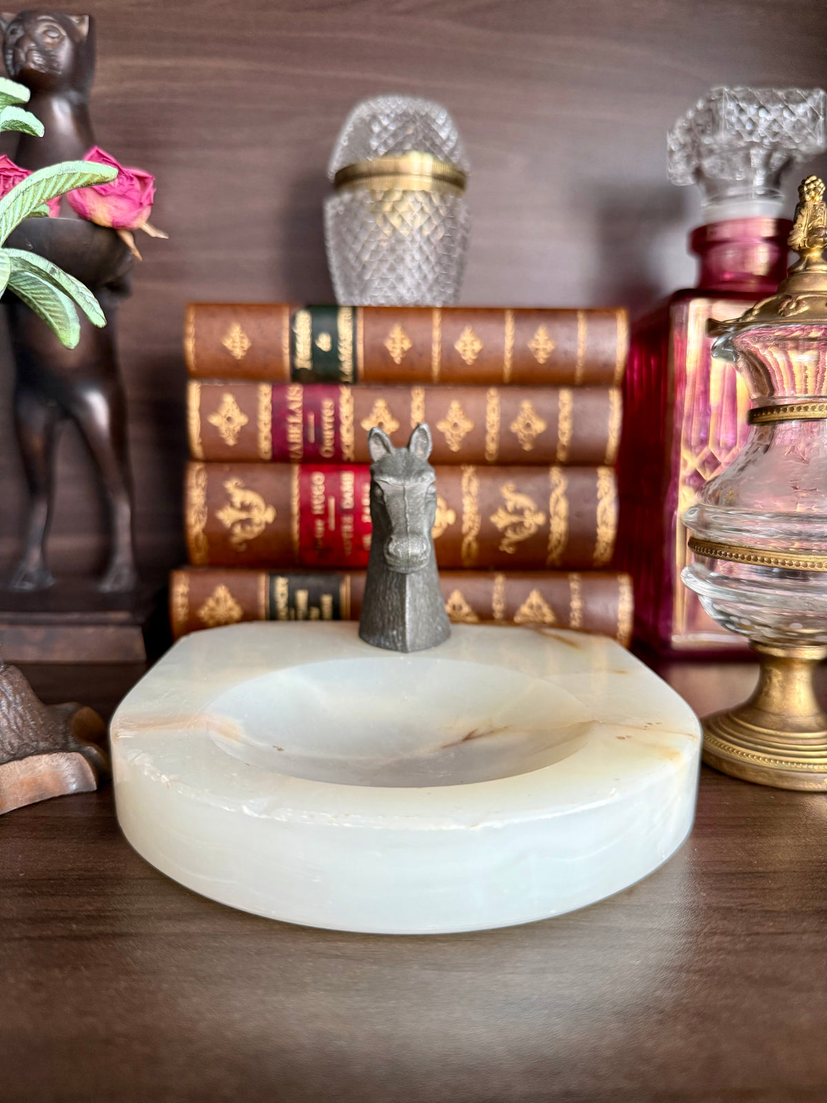Antique Art Deco Style Bronze Horse Head Statue on Marbel or Green Onyx Ashtray