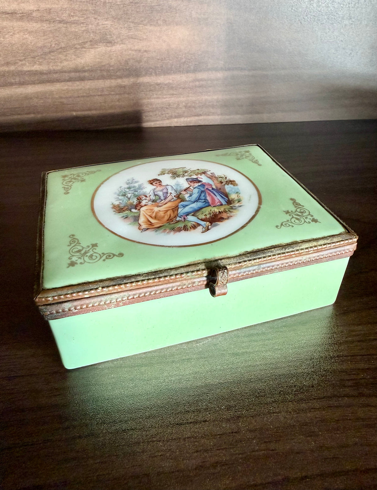 Antique European French Style Green Porcelain Jewelry or Trinket Hinged Box