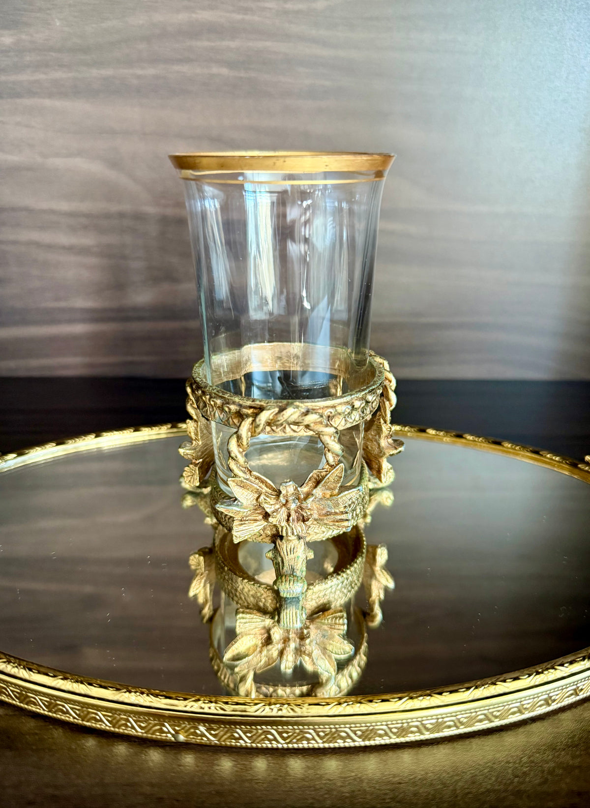 Vintage Hollywood Regency Italian Style Gold-plated Brass Ornate Floral Tumbler Stand with Glass Vase