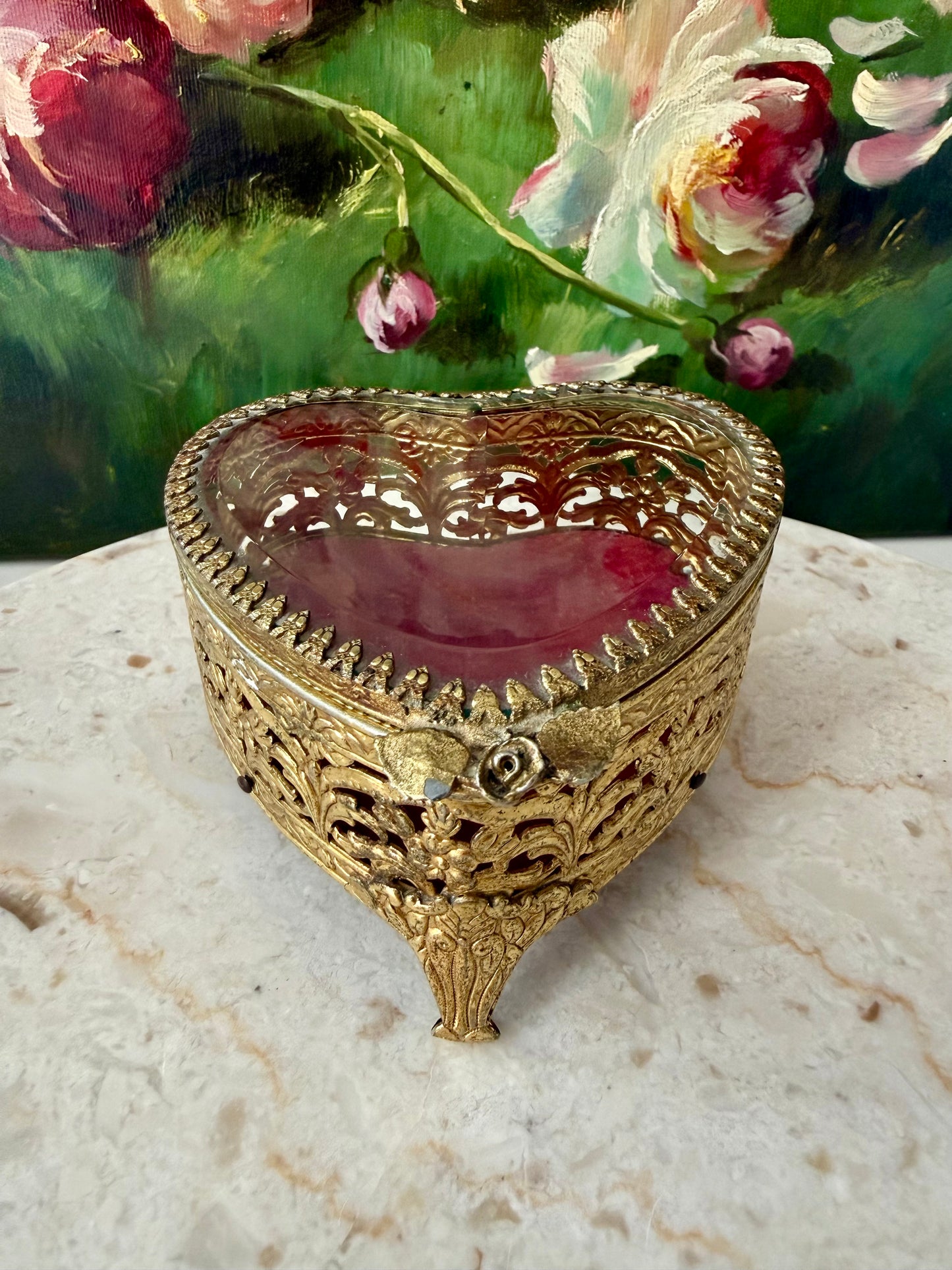 Antique French Style Gold-plated Ormolu Filigree Heart-shaped Trinket or Jewelry Box with a Plush Red Velvet Lining