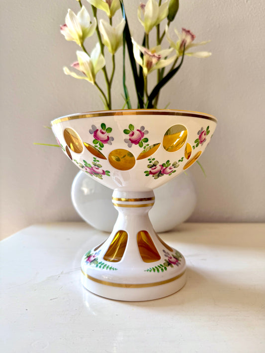 Bohemian Vintage Moser Style Czech Republic Cut Glass Bowl and Floral Painted Candy or Fruit Dish