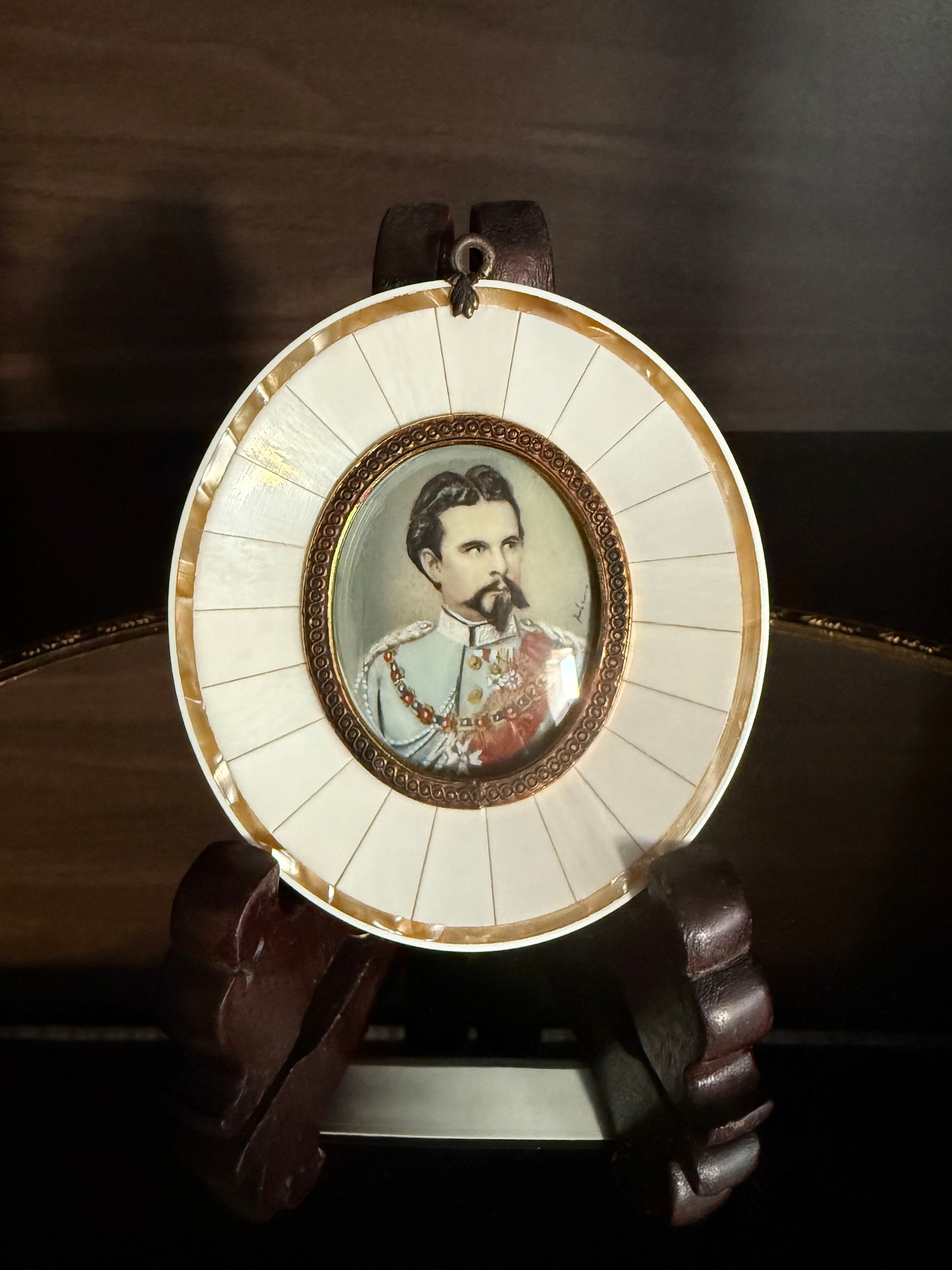19th-century Antique Miniature Painting Portrait of King Ludwig II of Bavaria with Mother-of-Pearl Frame