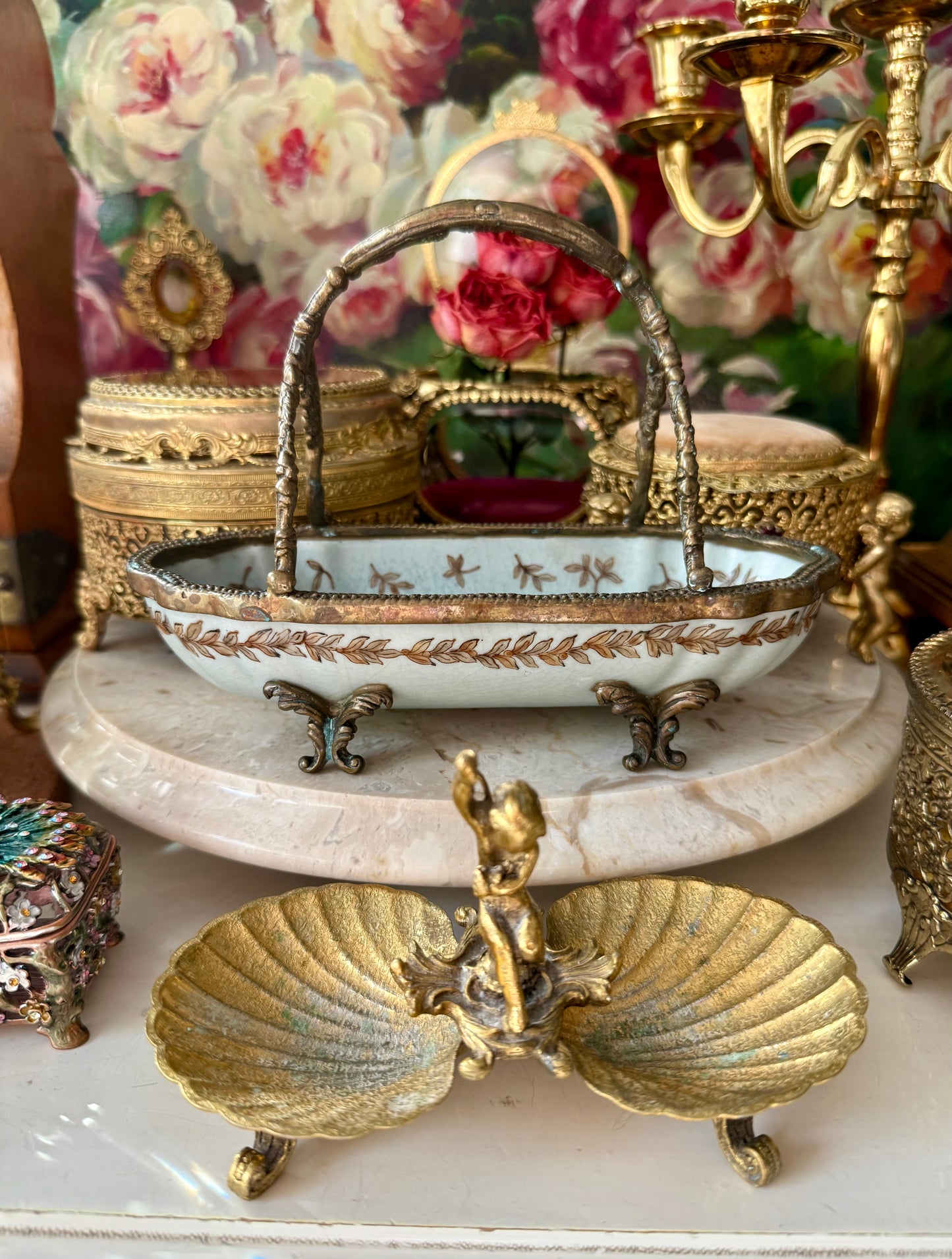 Antique-Looking Art Nouveau Style Porcelain Floral Crackle Glazed Footed Basket Trinket Dish with Bronze Handle