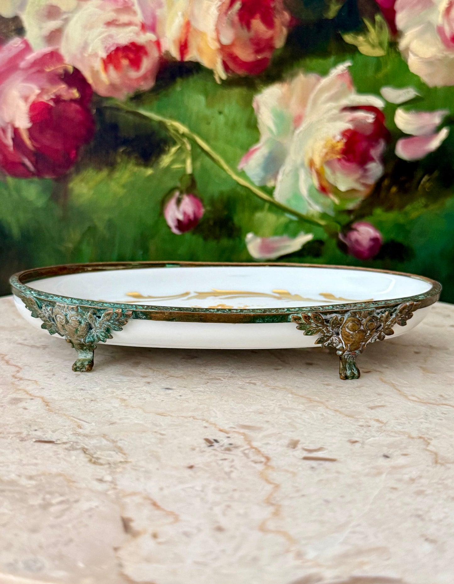 Antique Sévres Style Brass Footed and Hand-painted Oval Porcelain Decorative Soap Dish - Made in France