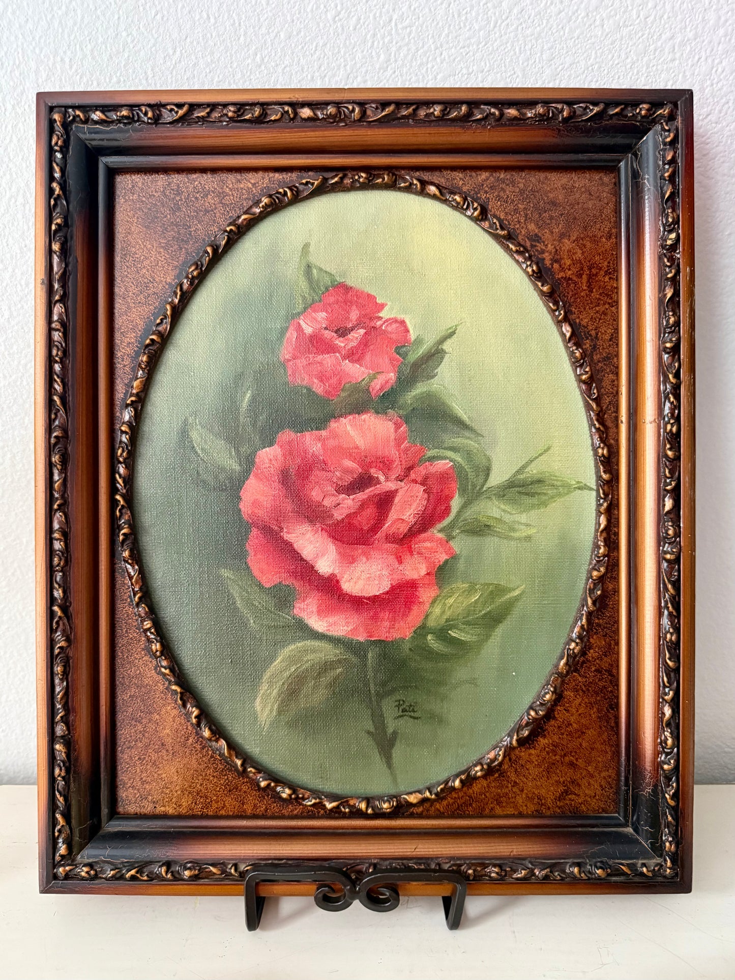 Vintage Oil Painting Red Roses on Canvas in Wooden Frame Signed by the Artist