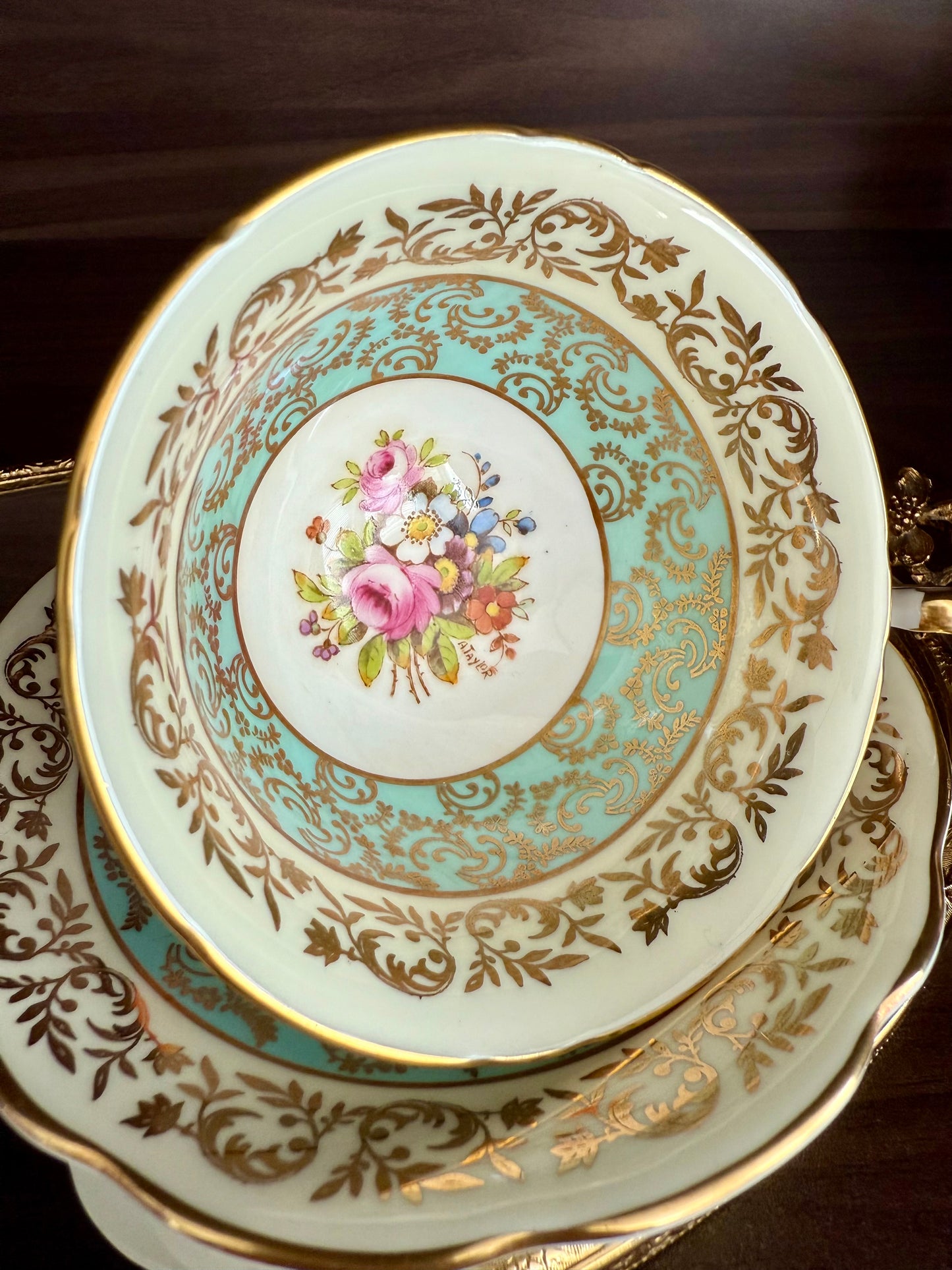 1950s Paragon Fine Bone China Vintage Aqua Green, Gold and Floral Porcelain Tea Cup and Saucer Set, Made in England