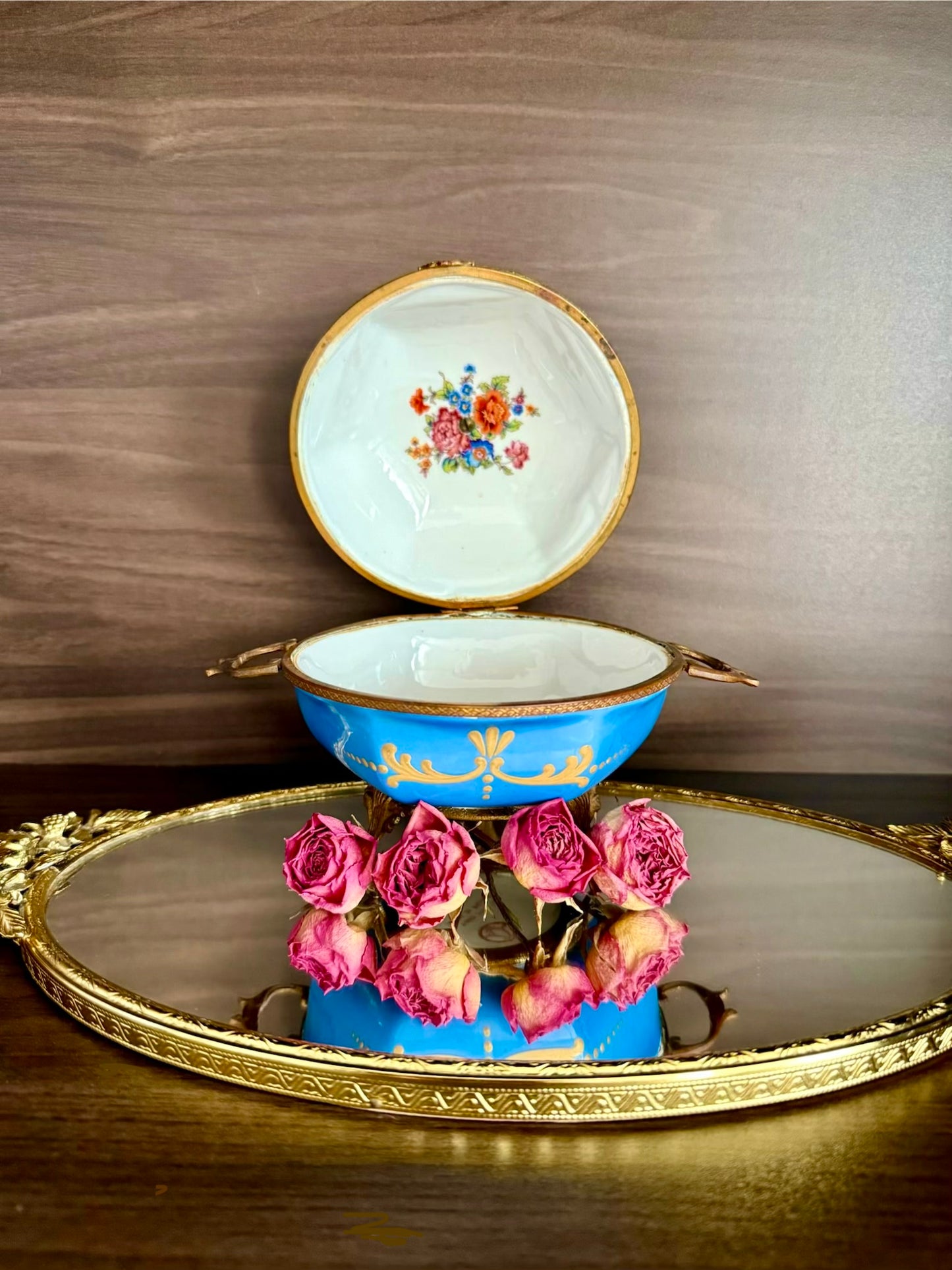 Antique Capodimonte Footed Hand Painted Blue Porcelain Dresser Box, Made In France