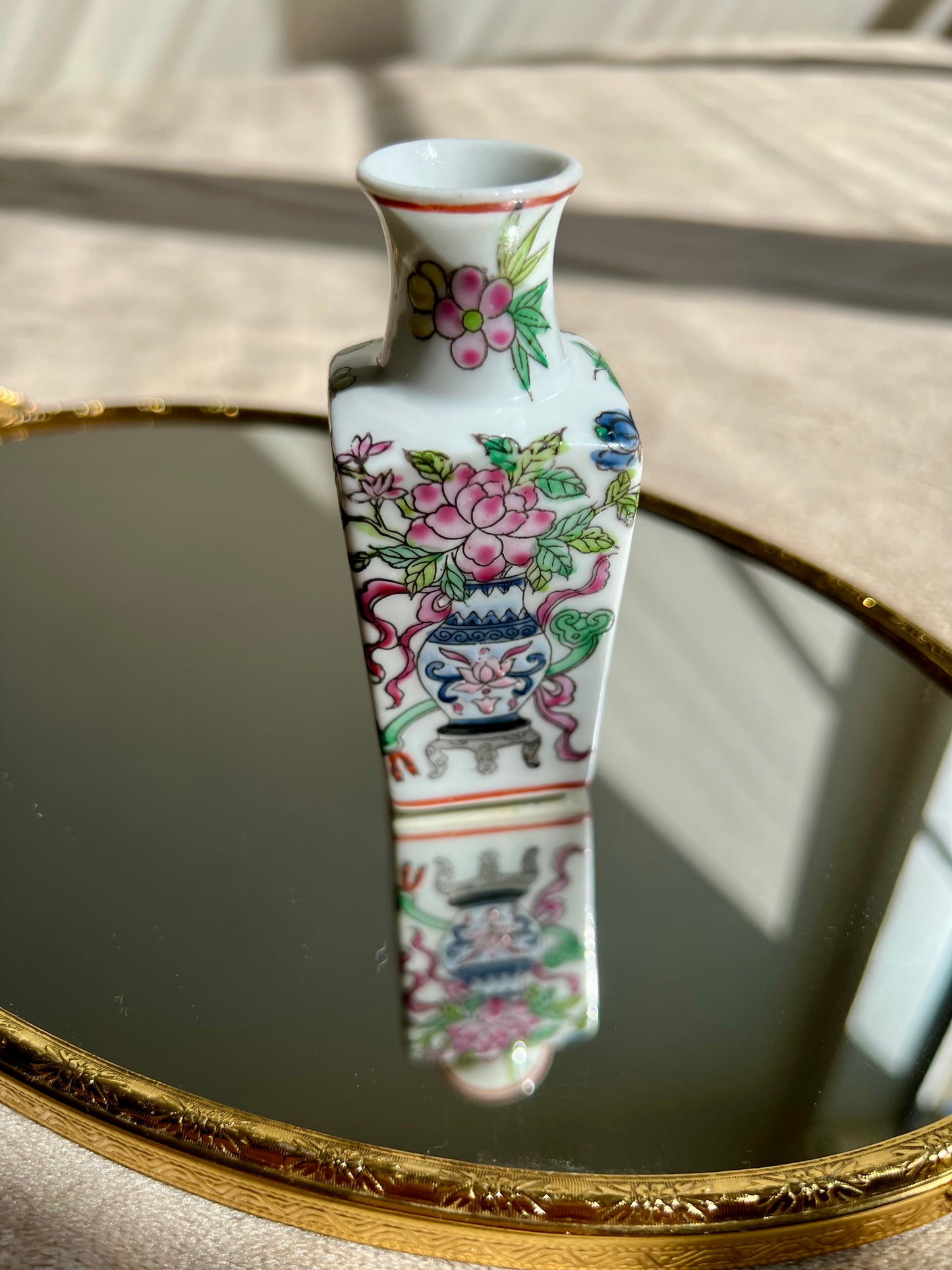 Hand Painted Vintage Vase Bone China Square with Flowers