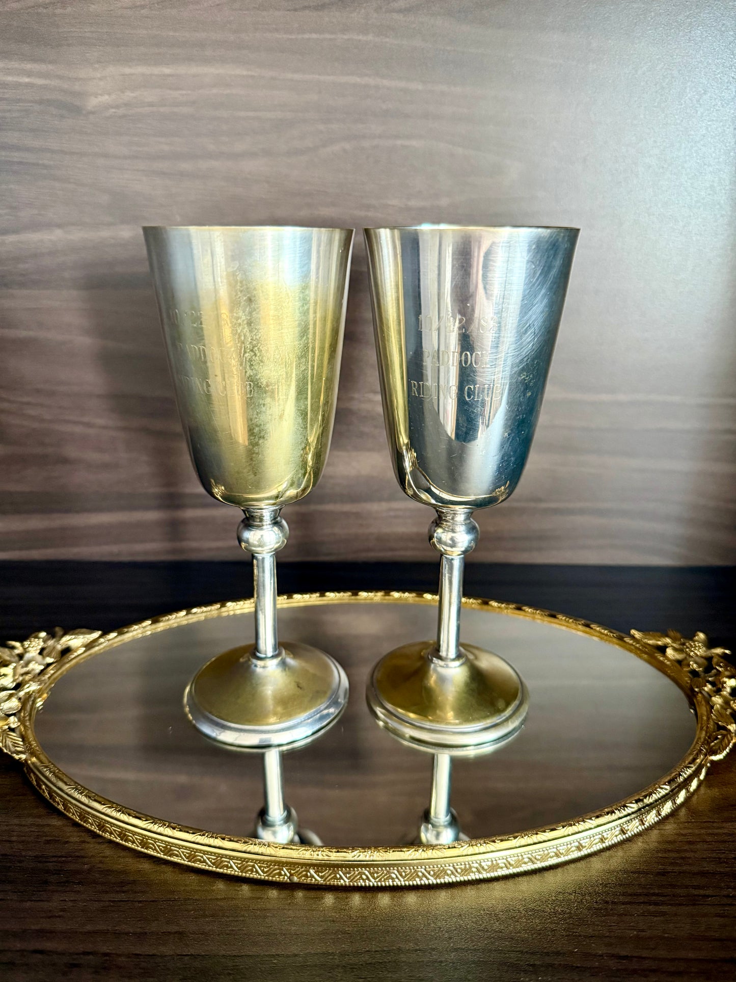 A Pair of Vintage Silver-Plated Wine Glasses with Long Stems and Slightly Flared Tops - these from the estate of Hollywood actor, writer, director, and producer Howard Storm