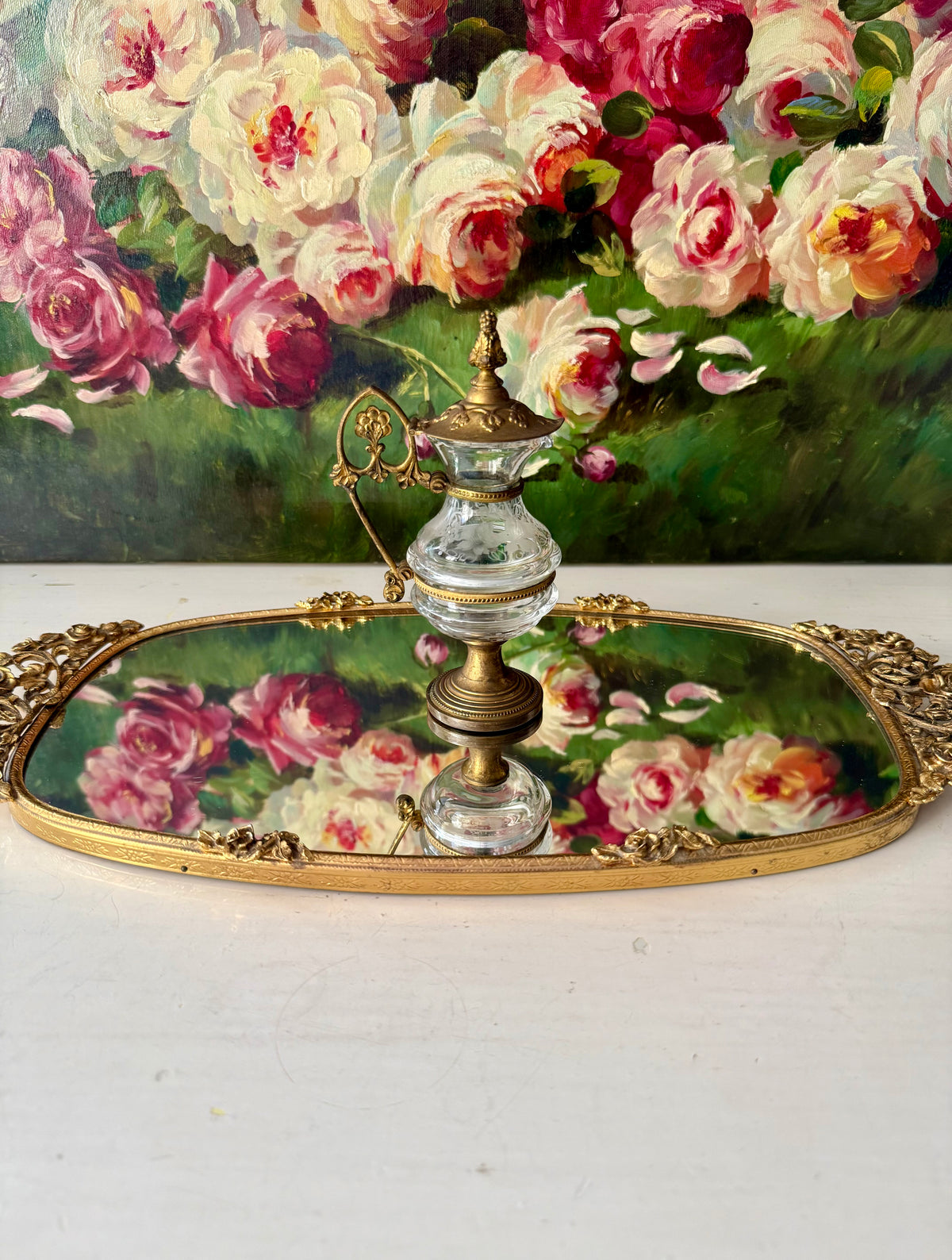 Matson Hollywood Regency Vintage Ornate 24K Gold Gilt Vanity Perfume Mirror Tray with Roses Motifs