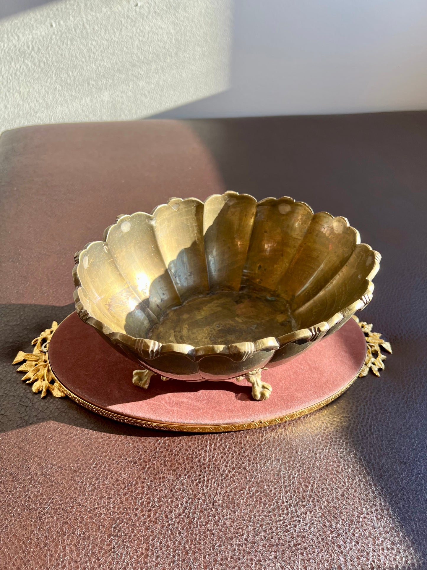 Art Deco Style Vintage Oval Heavy Footed Ornate Brass Scalloped Shaped Medium Size Fruit Bowl