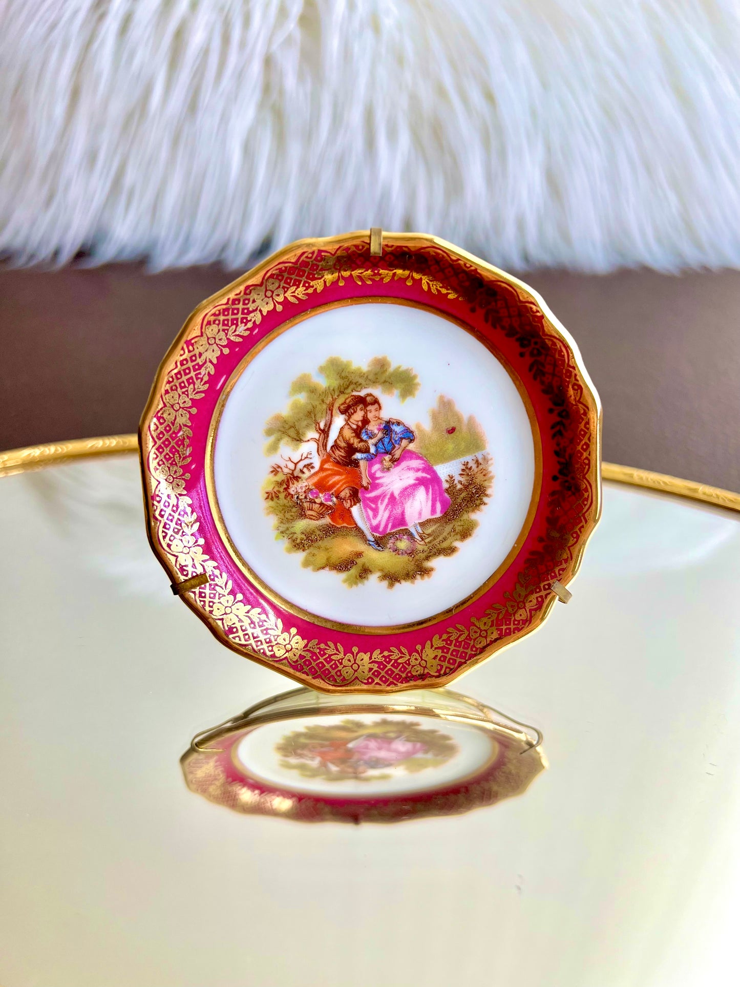 Limoges Vintage Miniature Porcelain Pink Rimmed Plate with Victorian Courting Couple (I have already sold the small plate)