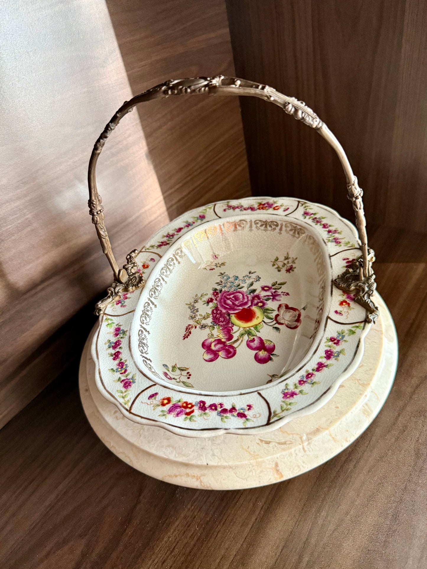 Porcelain Oval Crackle Glazed Vintage Basket Serving Dish with Decorative Bronze Handle, Floral Design and four Legs