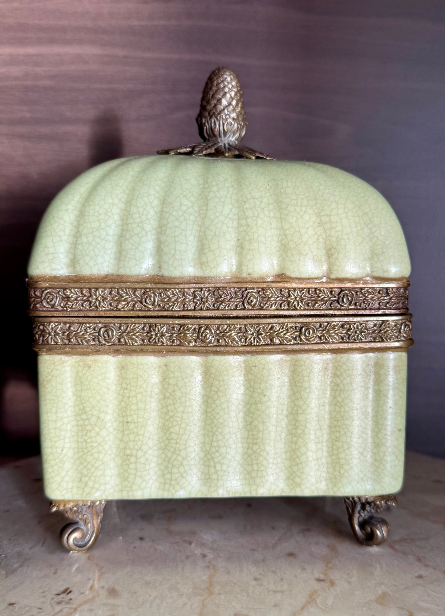 Vintage Porcelain Trinket Dish or Jewelry Box in a Glossy Crackle finish & Bronze Trims on four Legs