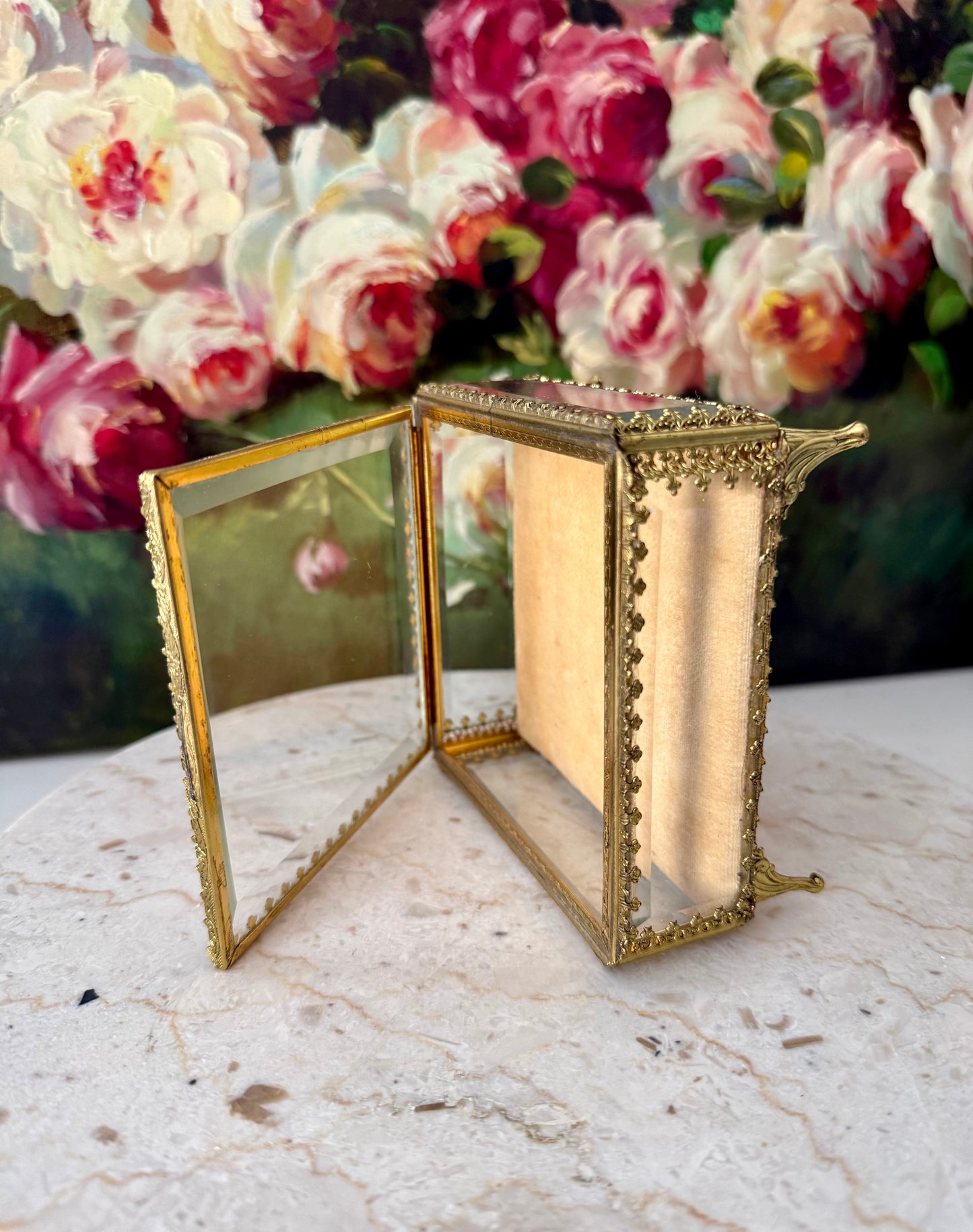 French Style Beveled Glass Vintage Brass Footed Jewelry Casket or Trinket Box from the 1950s
