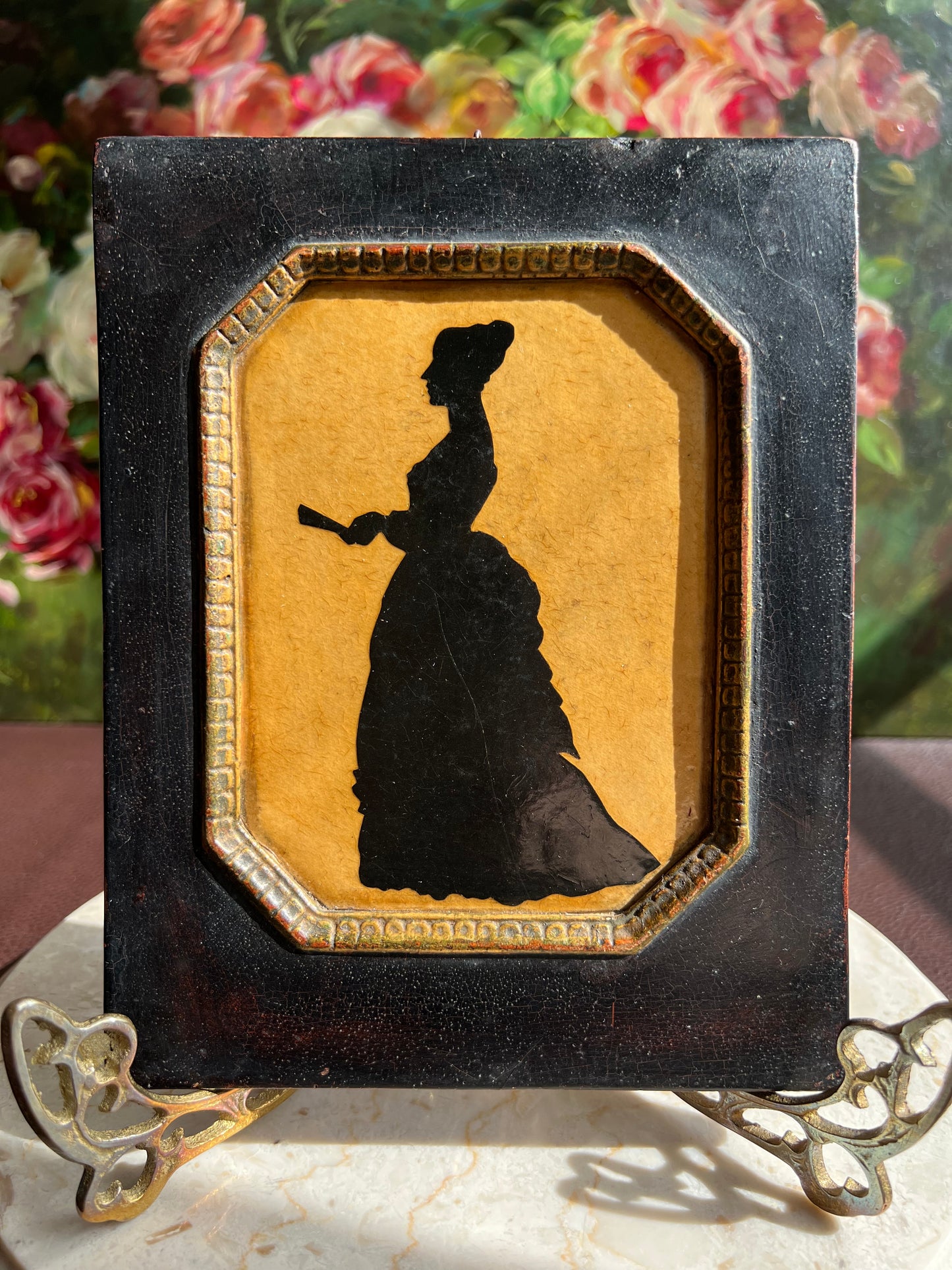 Antique Style Borghese Silhouette Plaque Portrait of a Victorian Lady and Gentleman with Wooden Framed (2 pc, a pair)