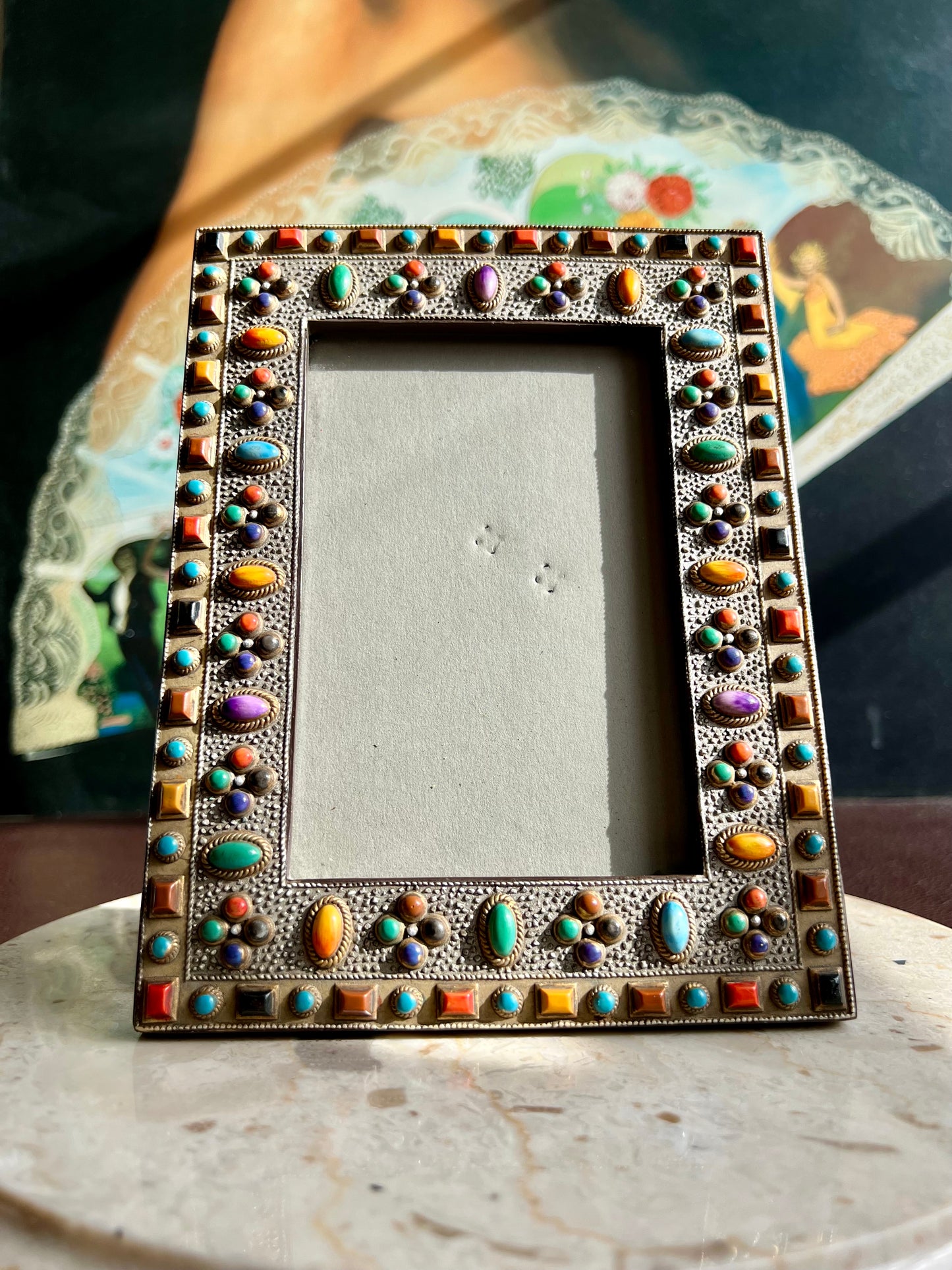 Antique Look Ornate Colorful Semi-Precious Stones in a Vintage Photo Frame from the 80, or 90s