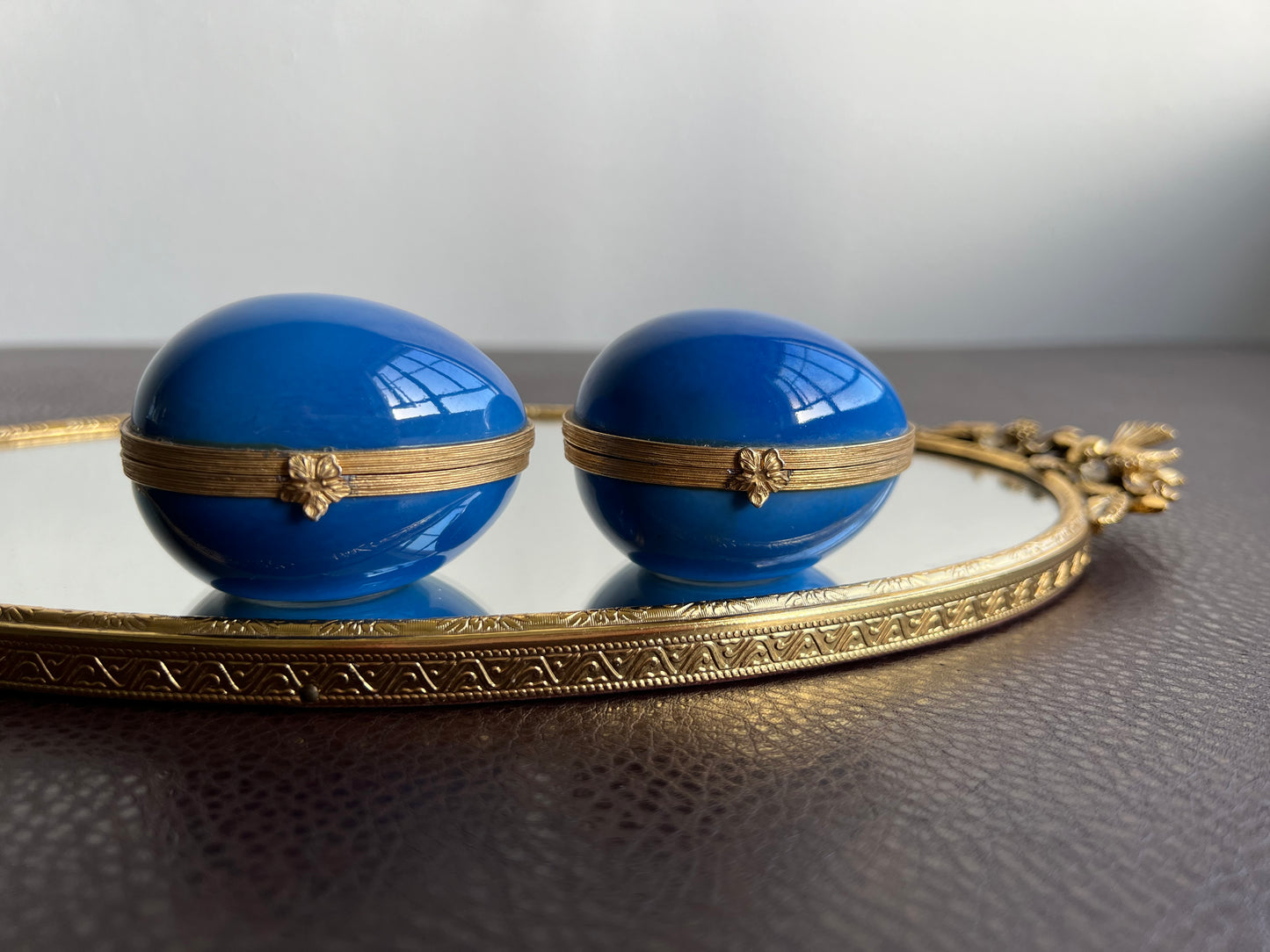 Limoges Navy Blue French Vintage Jewelry or Trinket Box Porcelain Eggs (2 pc)