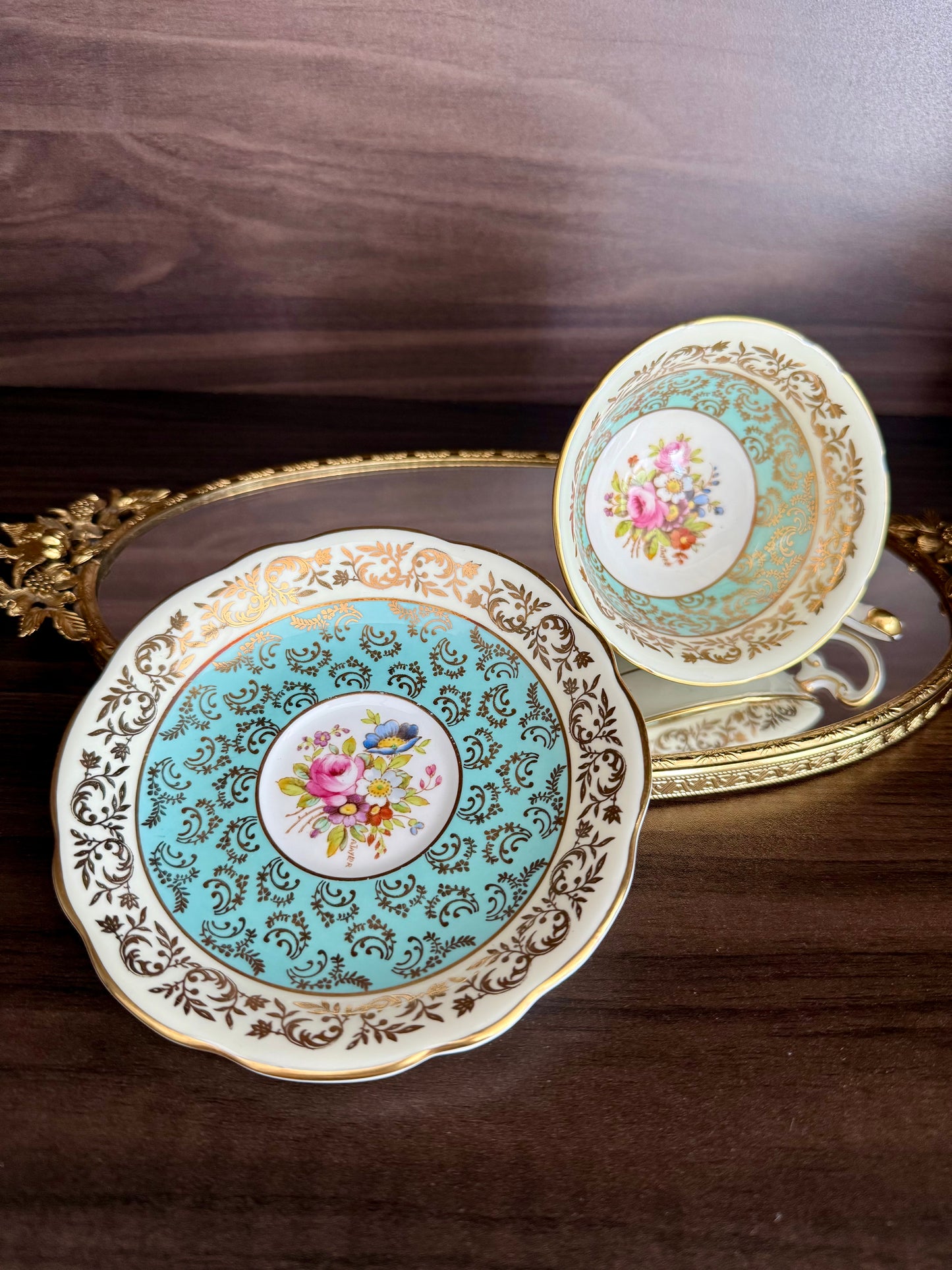 1950s Paragon Fine Bone China Vintage Aqua Green, Gold and Floral Porcelain Tea Cup and Saucer Set, Made in England
