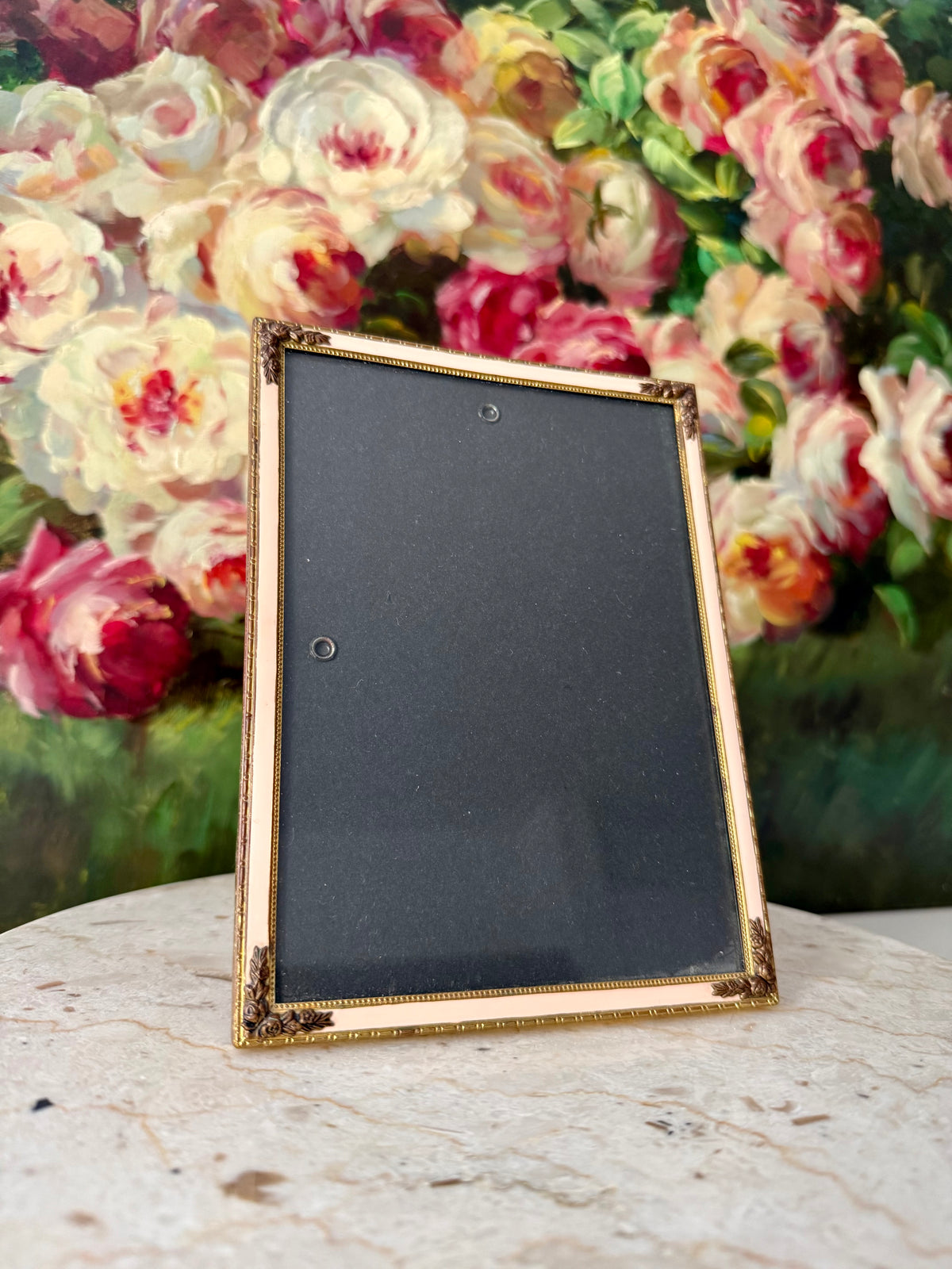 Elegant Gold-tone Classic Leaf and Floral Motif and Pastel Pink Enamel Style Vintage Photo or Picture Frame
