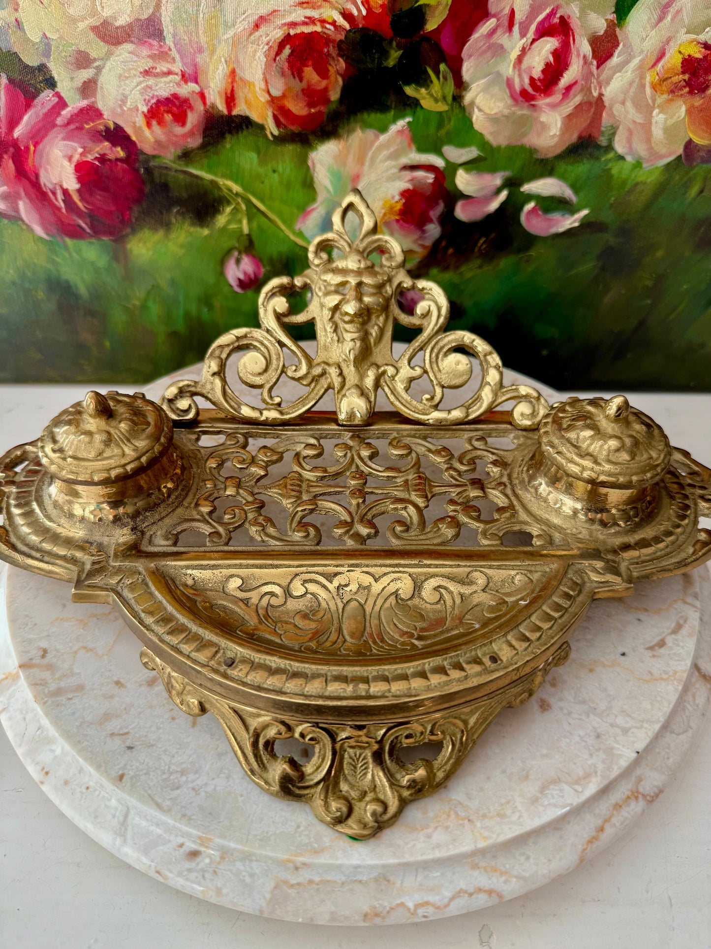 Andrea by Sadek Vintage Large Ornate Double Brass Inkwell, Made in Japan