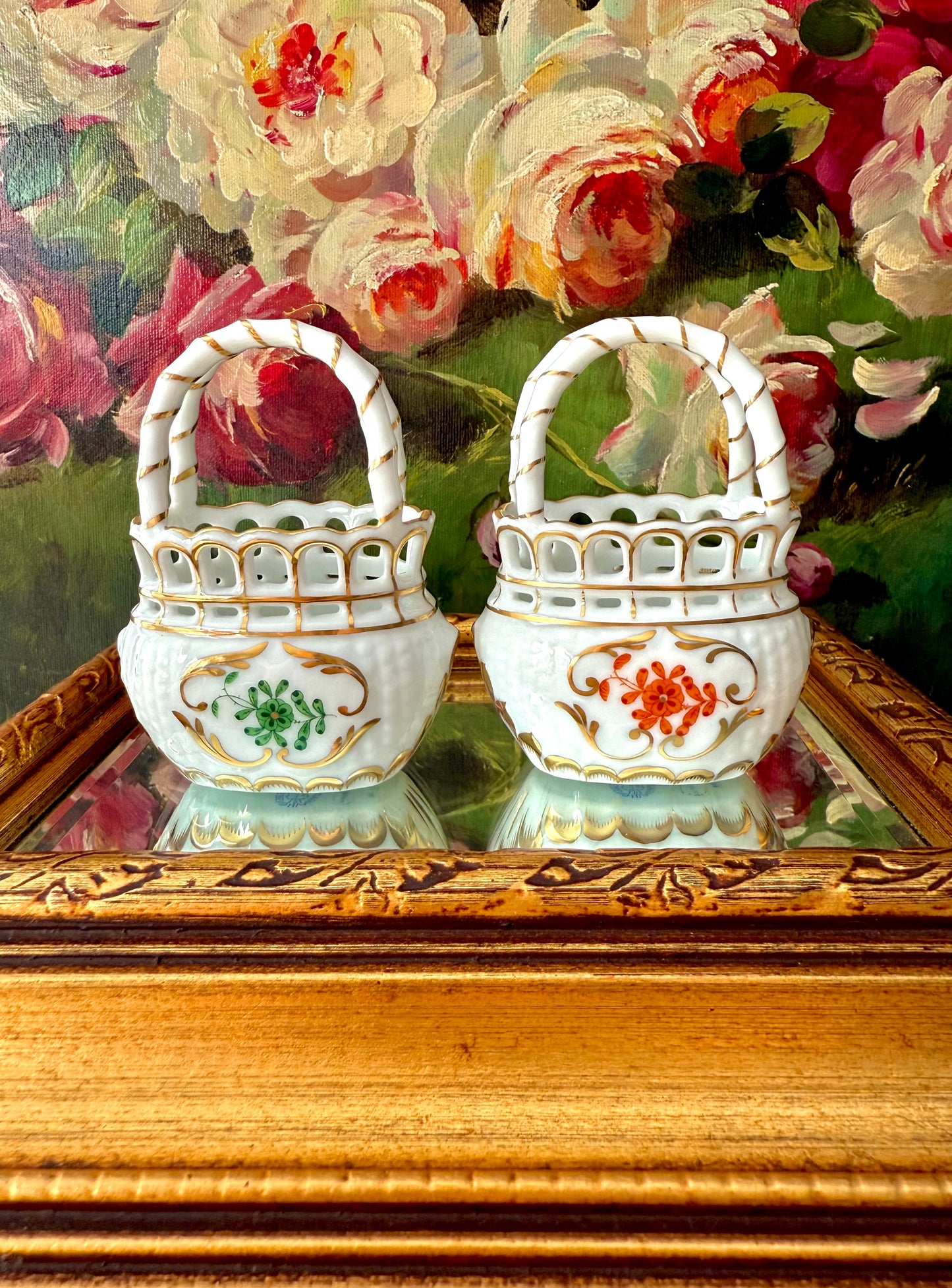 Herend Hungarian Vintage Mini Porcelain Basket with Handle - Made in Hungary