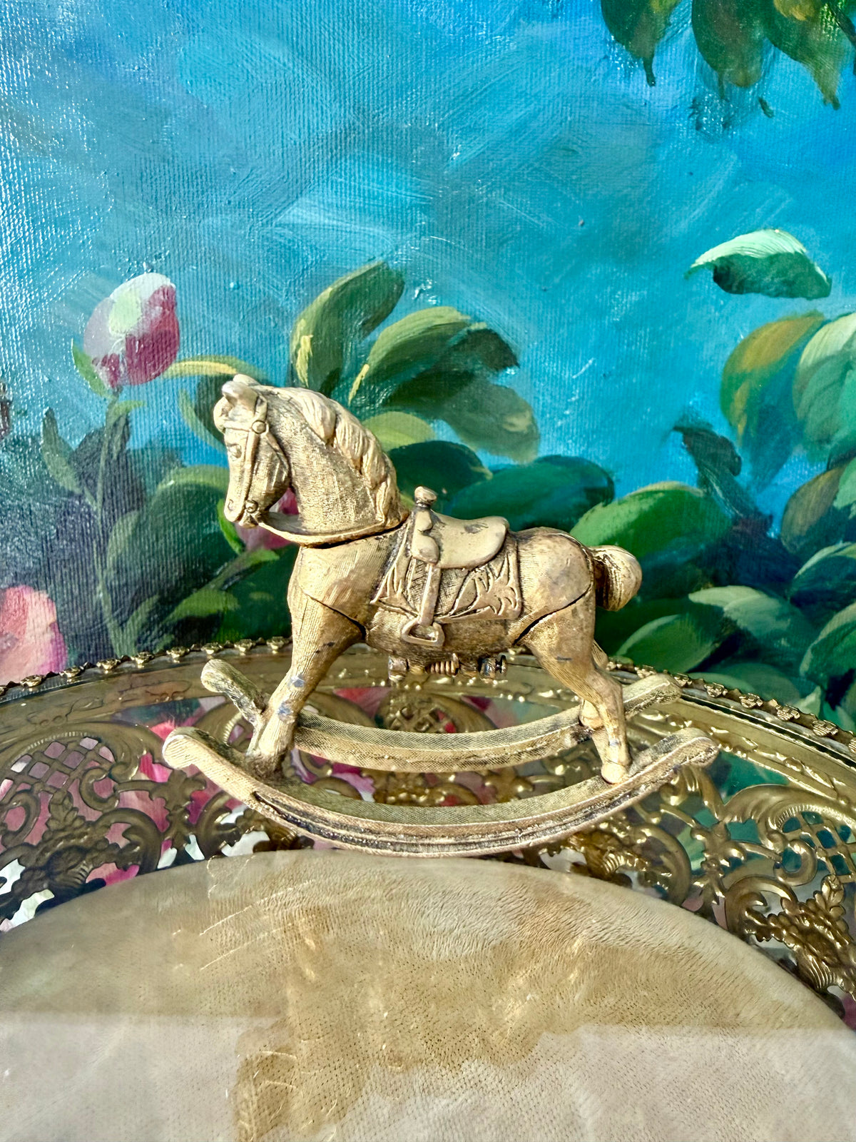 1970s Vintage Max Factor Gold-toned Metal “Rocking Horse” Perfume Compact