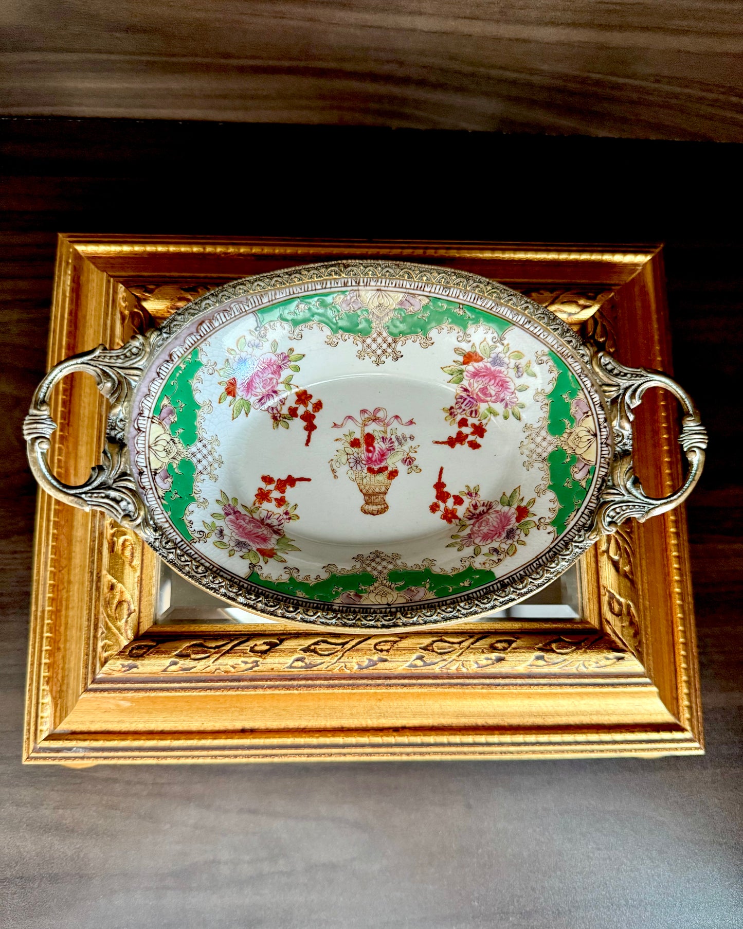 Vintage Floral Roses Motif Porcelain Oval Soap Dish with Brass Feet and Twin Handles
