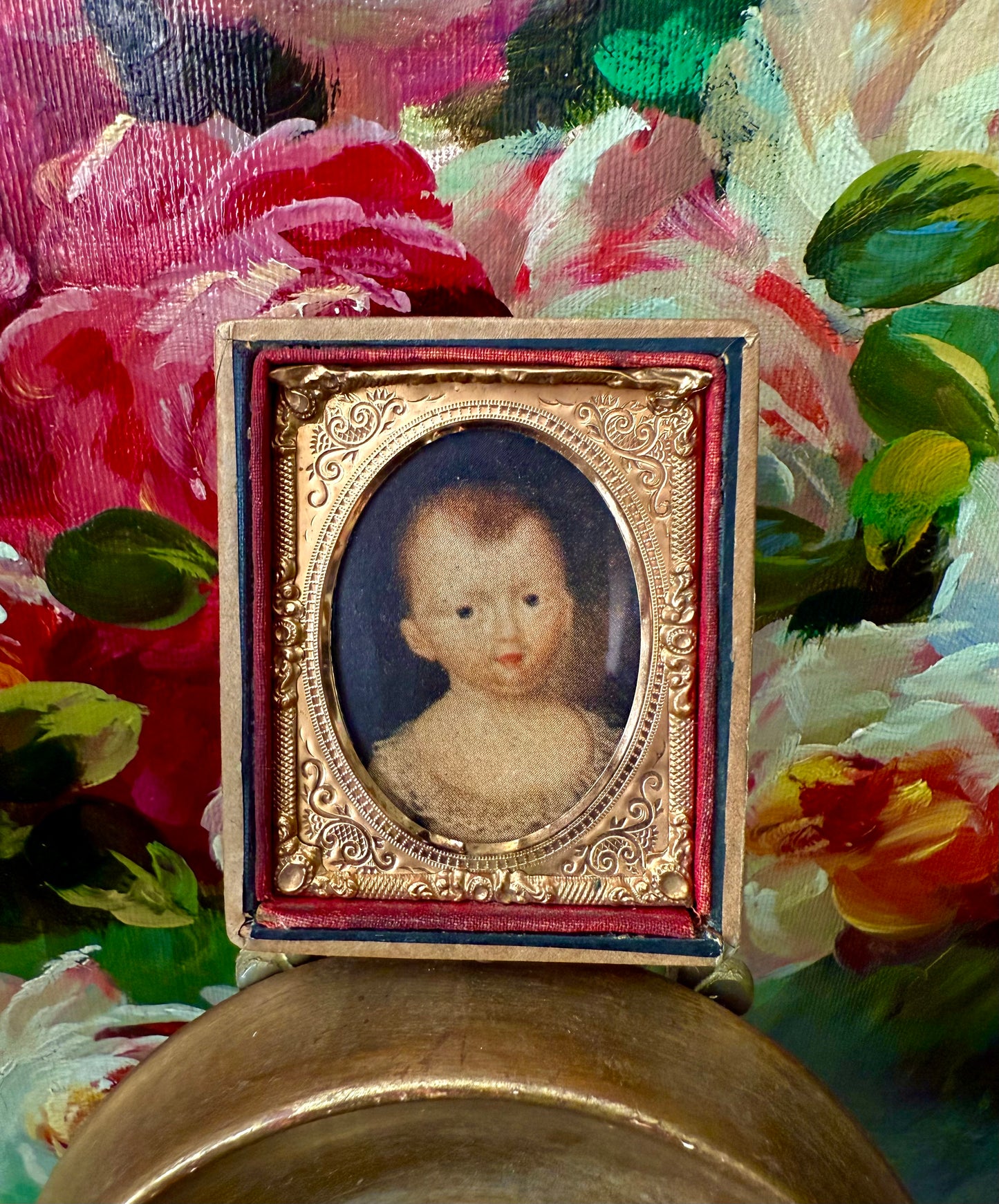 Vintage/ Antique Miniature Golden Wooden Frame with Print Portrait of a Baby