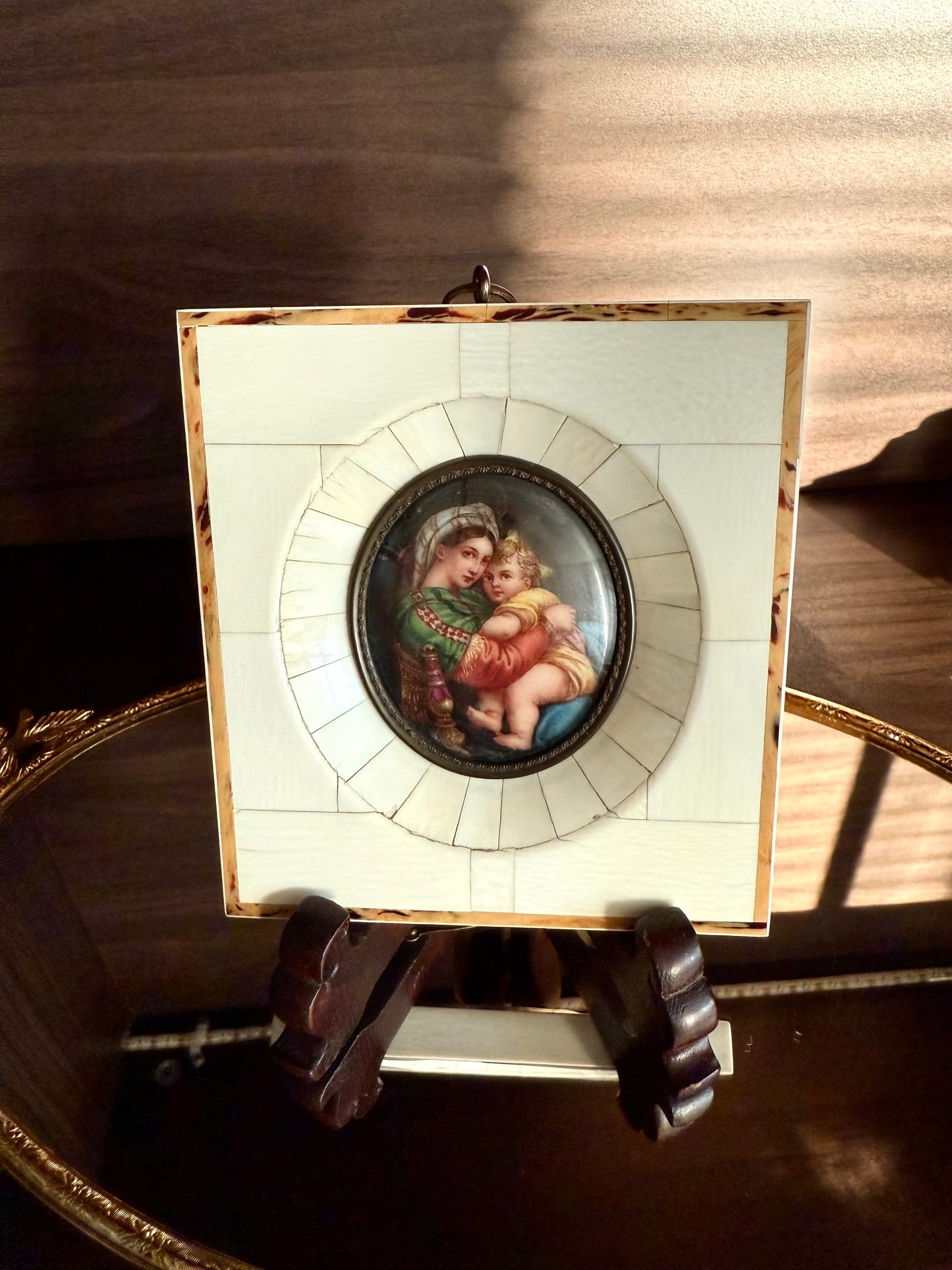 Antique Italian Miniature Porcelain Plaque Hand-painted Madonna and Child in Bone Frame