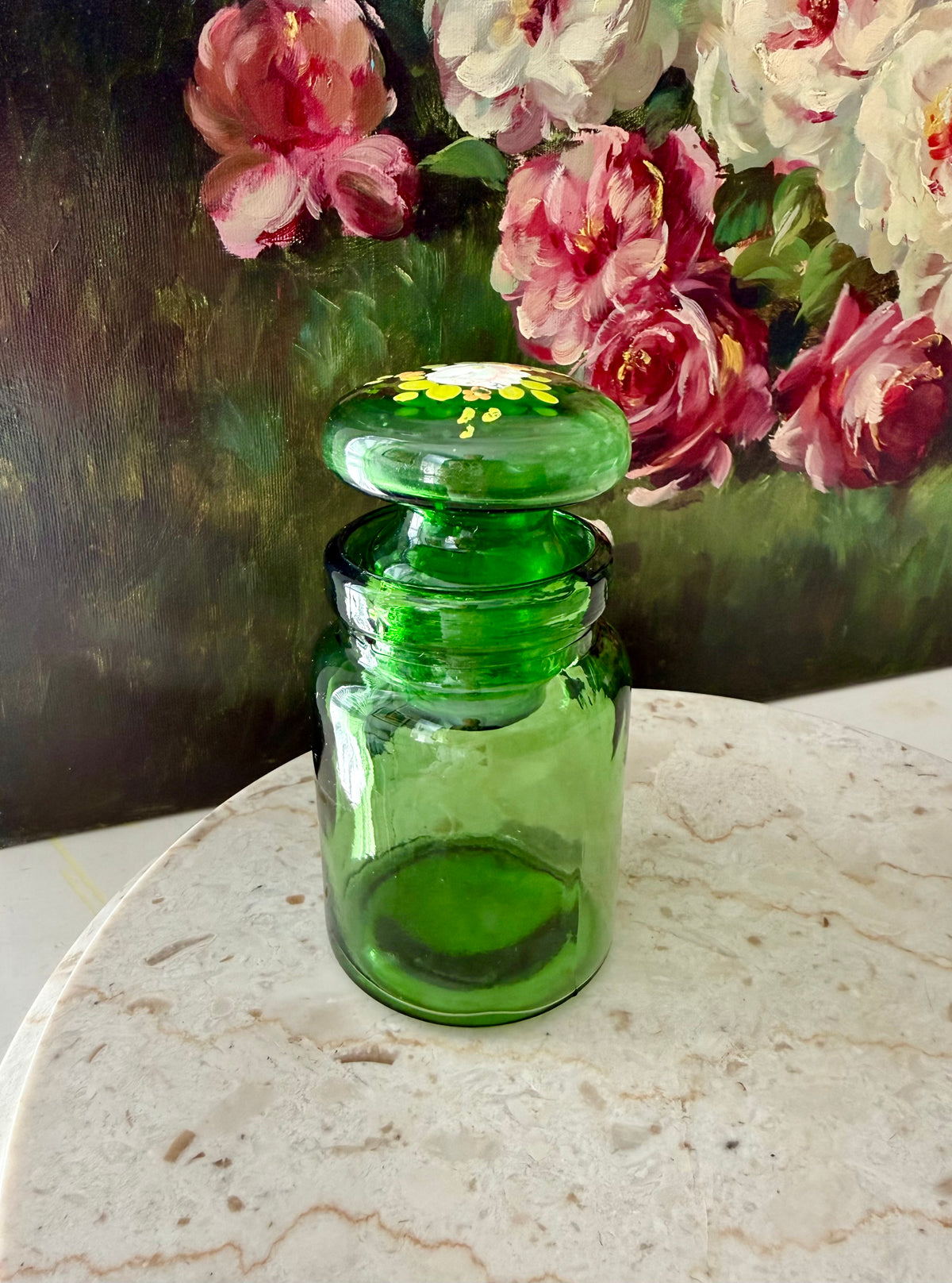 Emerald Green Vintage Belgium Apothecary Jar Glass with Handmade Floral Painting on the Bubble Top Lid