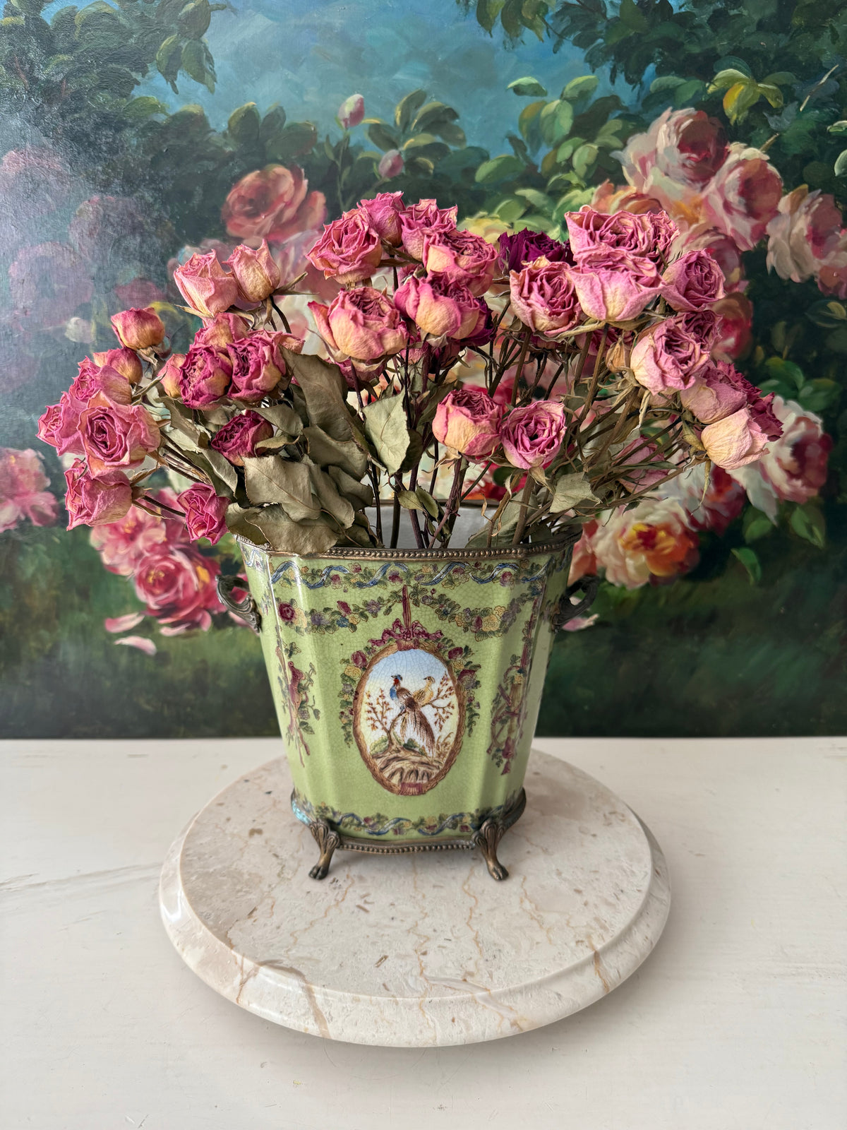 Antique Green Pheasant Bird and Floral Garland Porcelain Brass Footed Cache Pot or Jardiniere