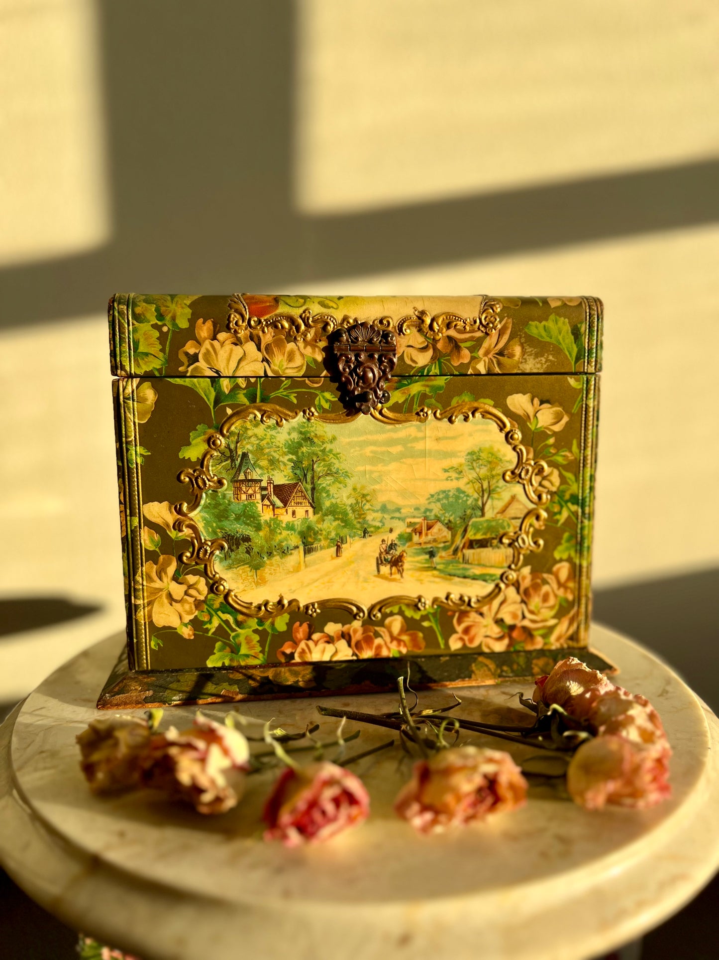 Antique Wooden Decorative Wallpaper Covered Recipe or Trinket Box with Floral Motif and Gilded Painting Design