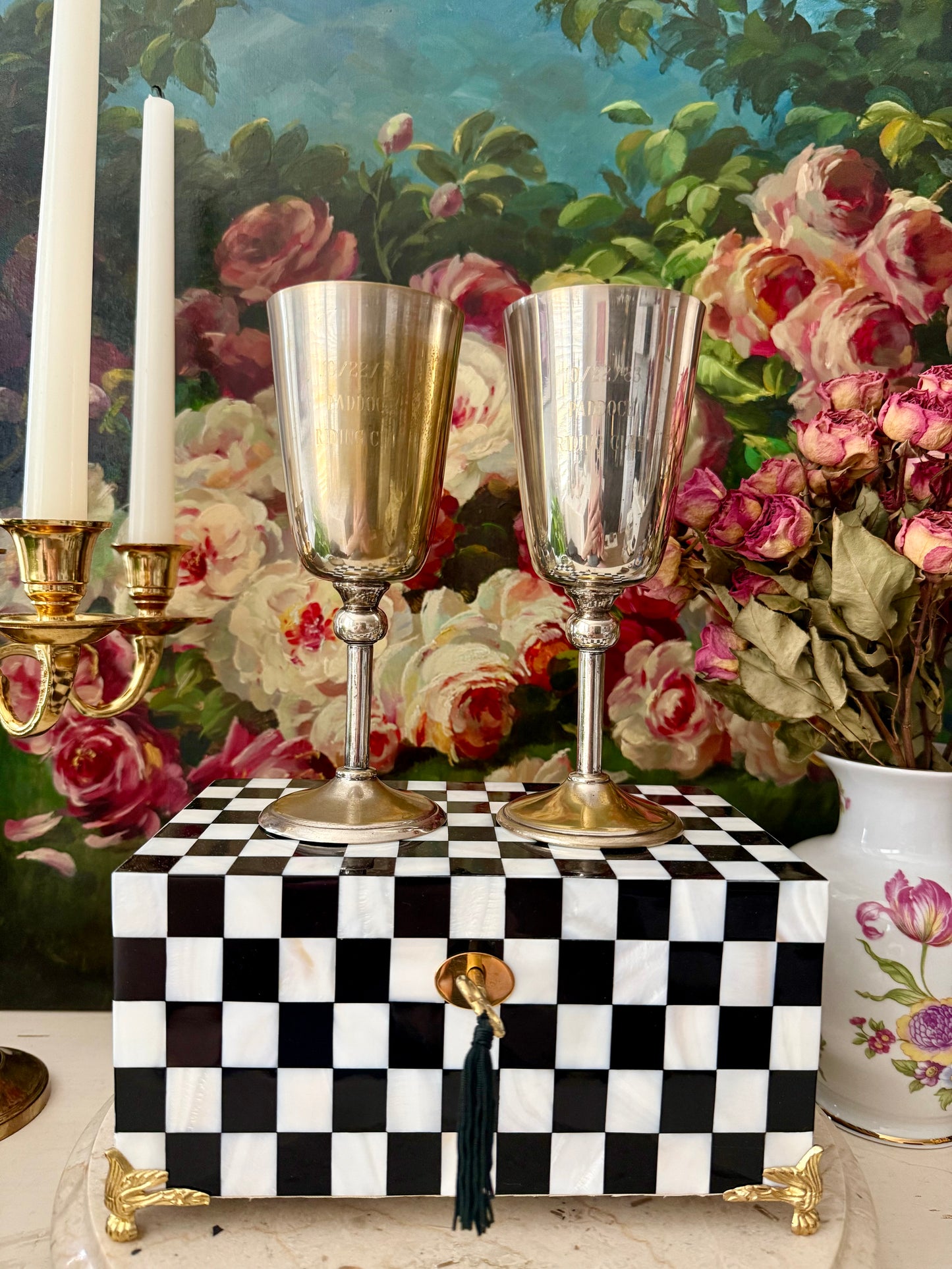 A Pair of Vintage Silver-Plated Wine Glasses with Long Stems and Slightly Flared Tops - these from the estate of Hollywood actor, writer, director, and producer Howard Storm