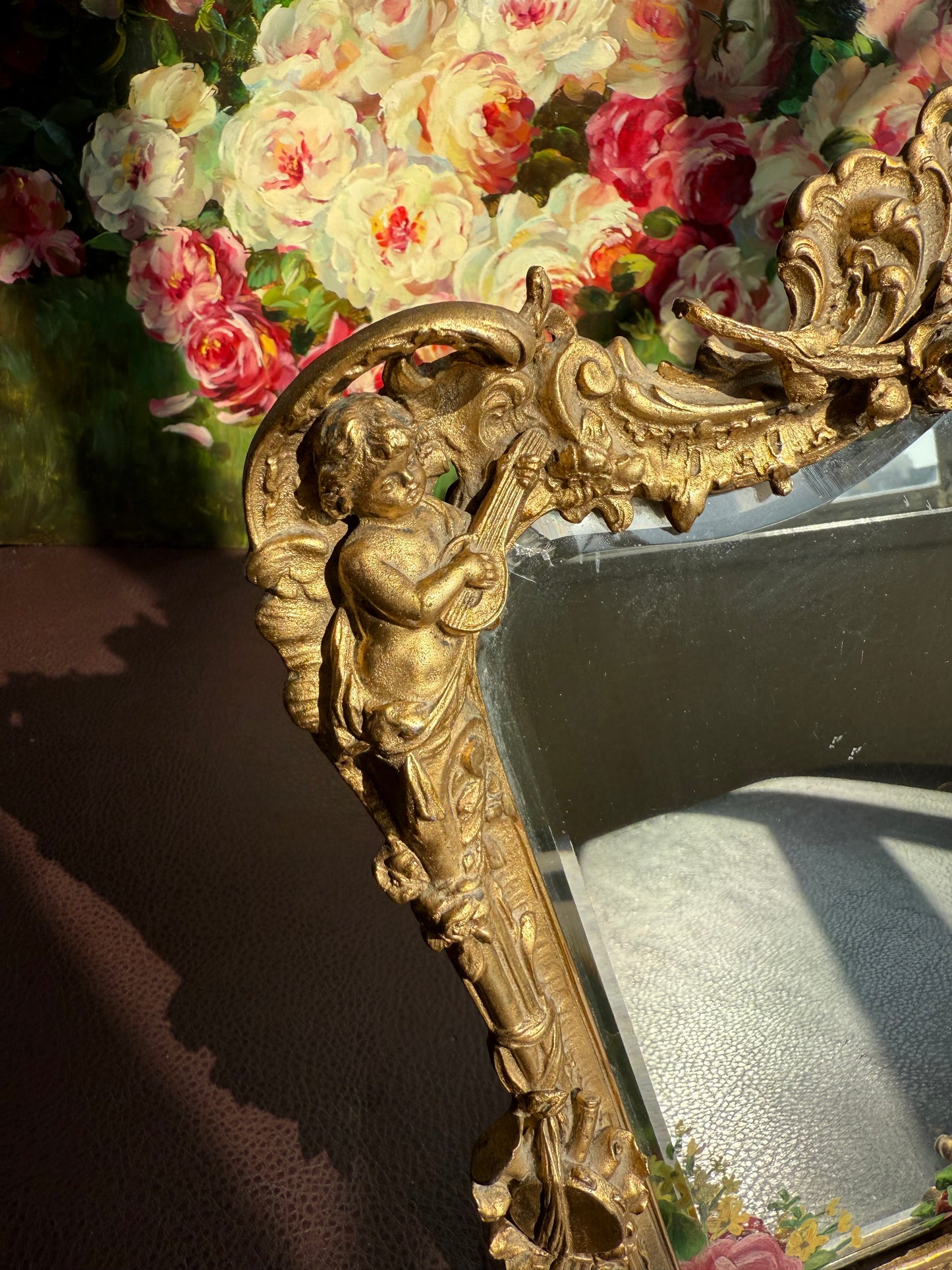 Antique Italian Rococo-Style Table Mirror with Gilded Frame, Featuring Putti (cherubs) Decor and Floral Painting