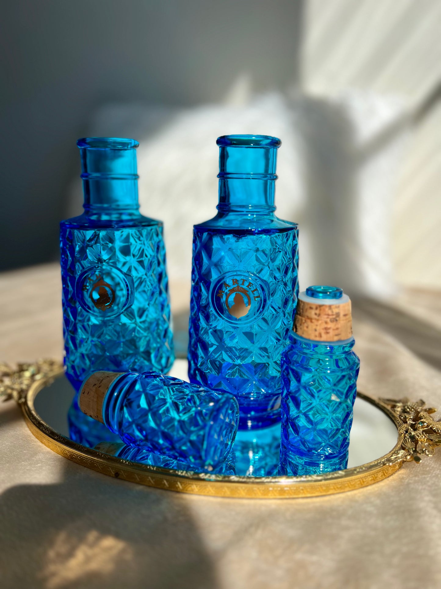 Beautiful Martell Blue Glass Liquor Bottle Vintage Decanters ($ 35/each)