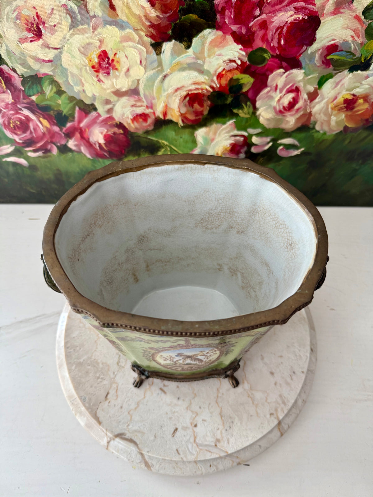 Antique Green Pheasant Bird and Floral Garland Porcelain Brass Footed Cache Pot or Jardiniere
