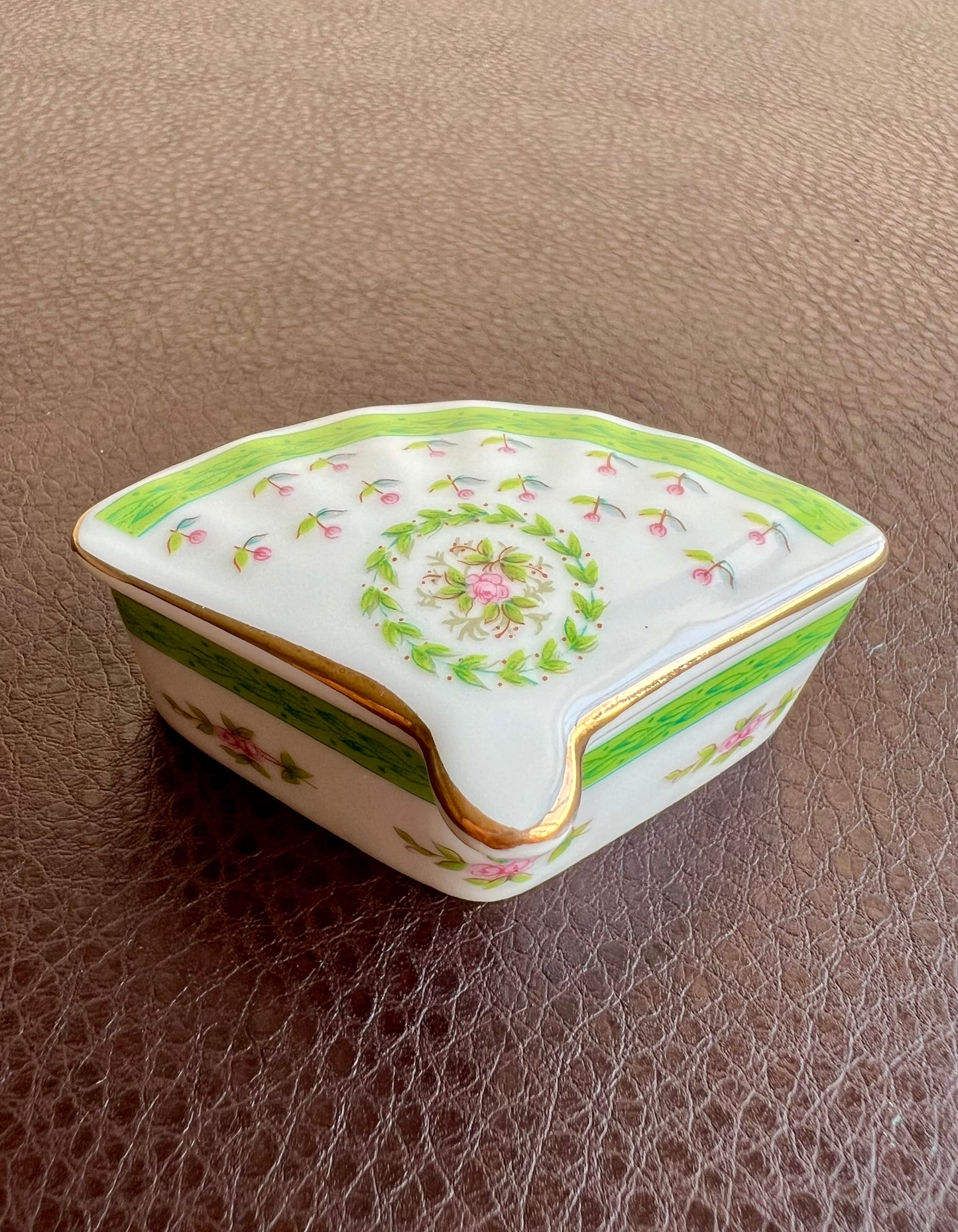 Lefton Fan Shaped Porcelain Trinket Box with Green and Pink Flowers