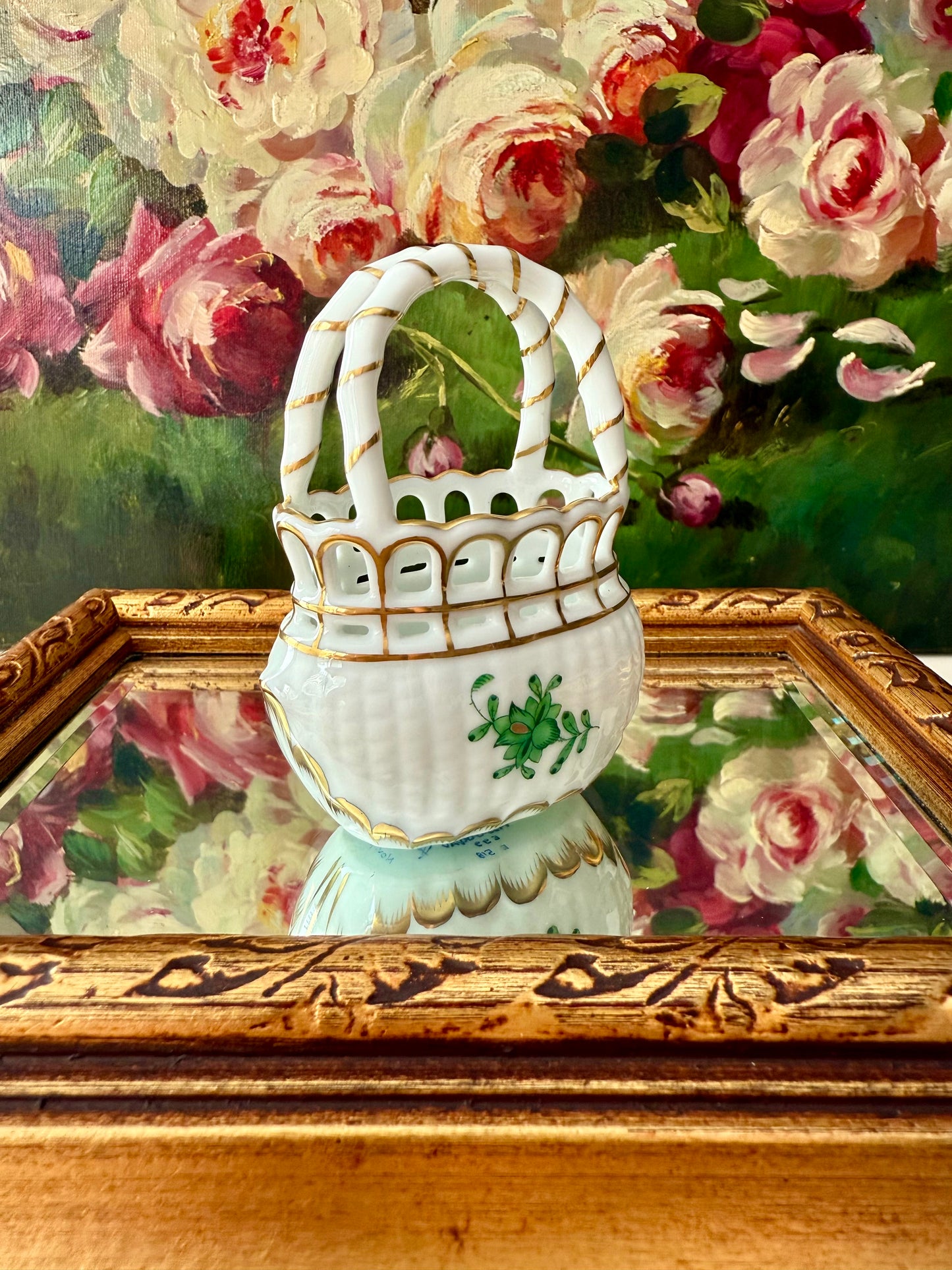 Herend Hungarian Vintage Mini Porcelain Basket with Handle - Made in Hungary